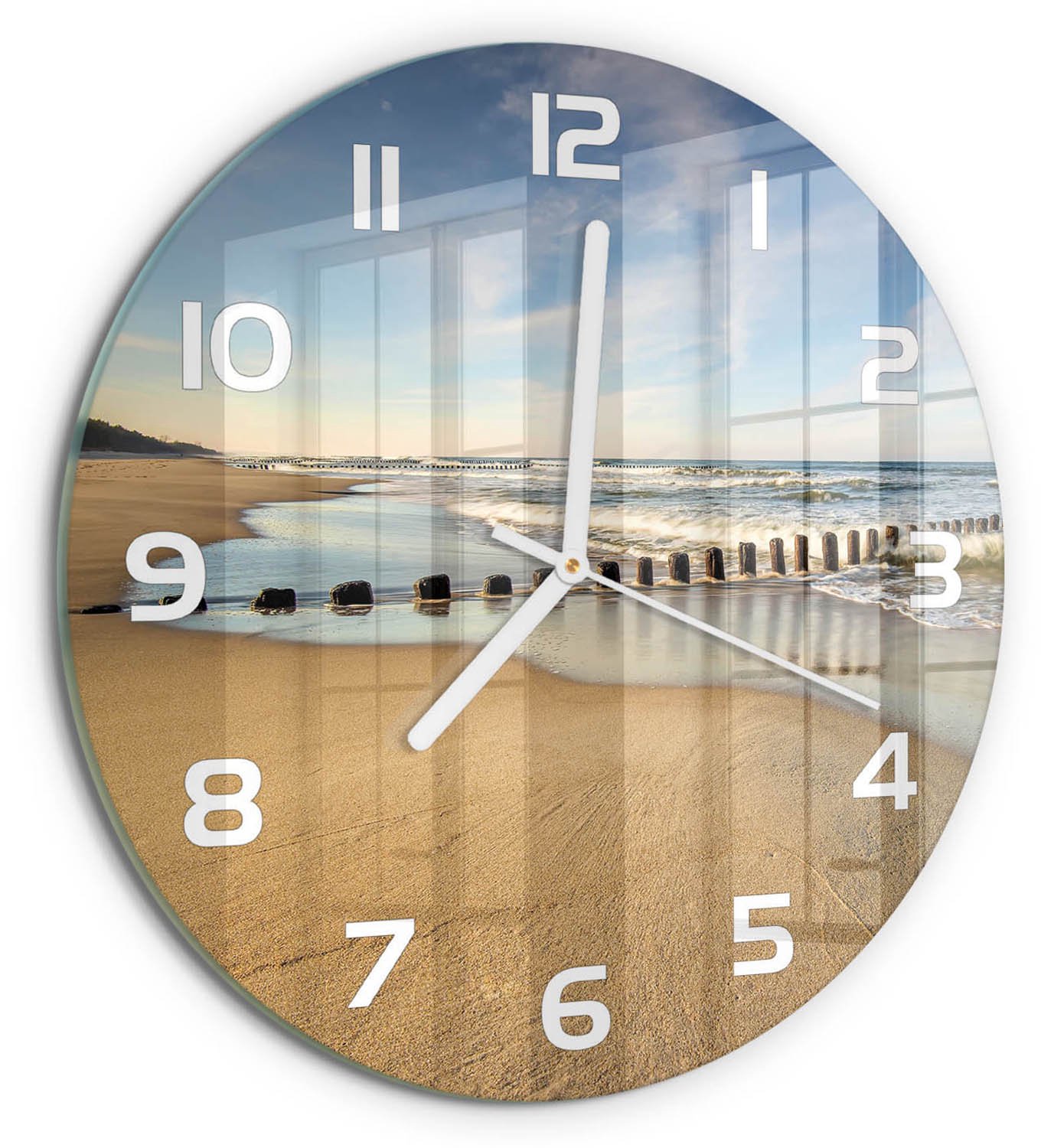TULUP Wandklok - Strand aan de Oostzee Moderne Wandklok Glas - fi30 cm - Blauw Wandklok Glas Decoratie - Witte handen - Ronde Klok - Glazen Wandklok Design - Klok Glas Met Opdruk