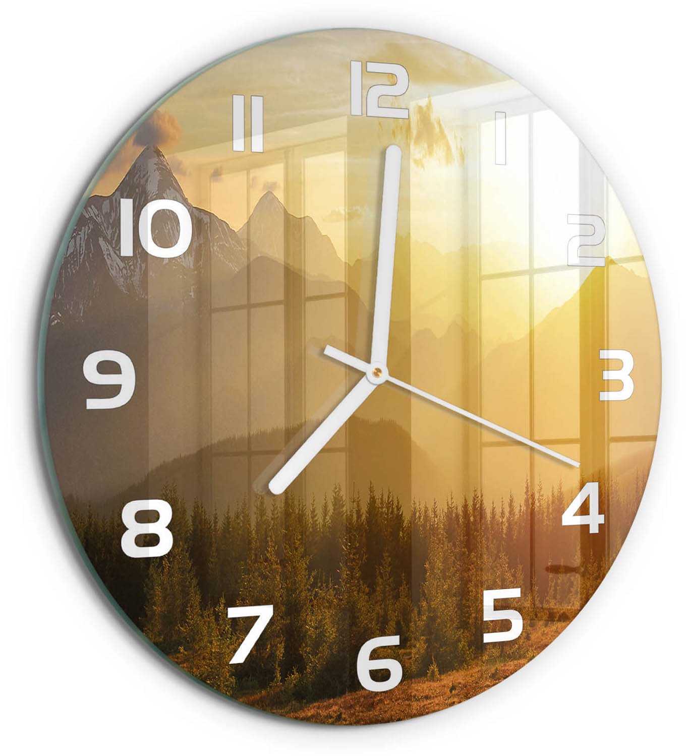 TULUP Wandklok - Bergen bij zonsondergang Klok Glas Met Opdruk - fi30 cm - Geel Moderne Wandklok Glas - Witte handen - Ronde Klok - Decoratieve Glazen Klok - Glazen Wandklok Design