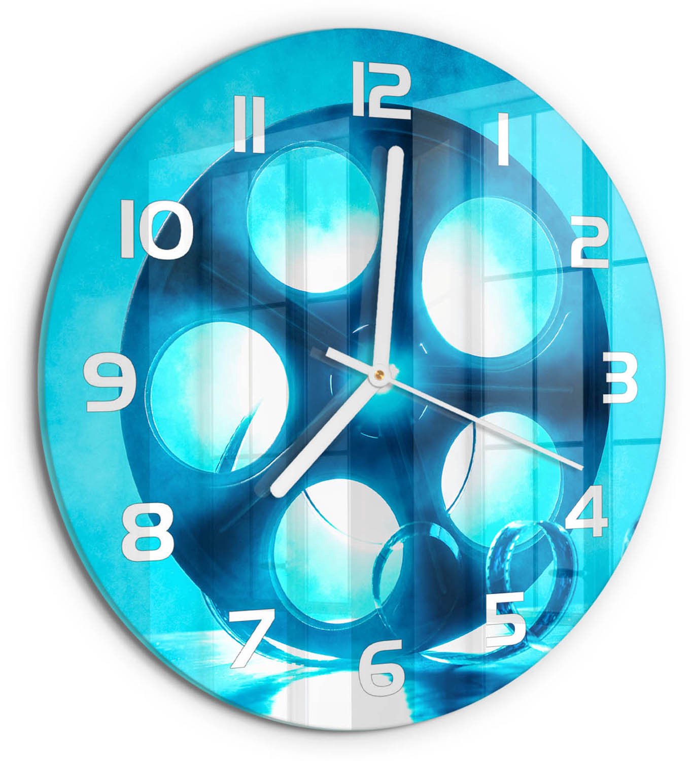 TULUP Wandklok - Filmrol Moderne Wandklok Glas - fi30 cm - Blauw Wandklok Glas Decoratie - Witte handen - Ronde Klok - Glazen Wandklok Design - Klok Glas Met Opdruk