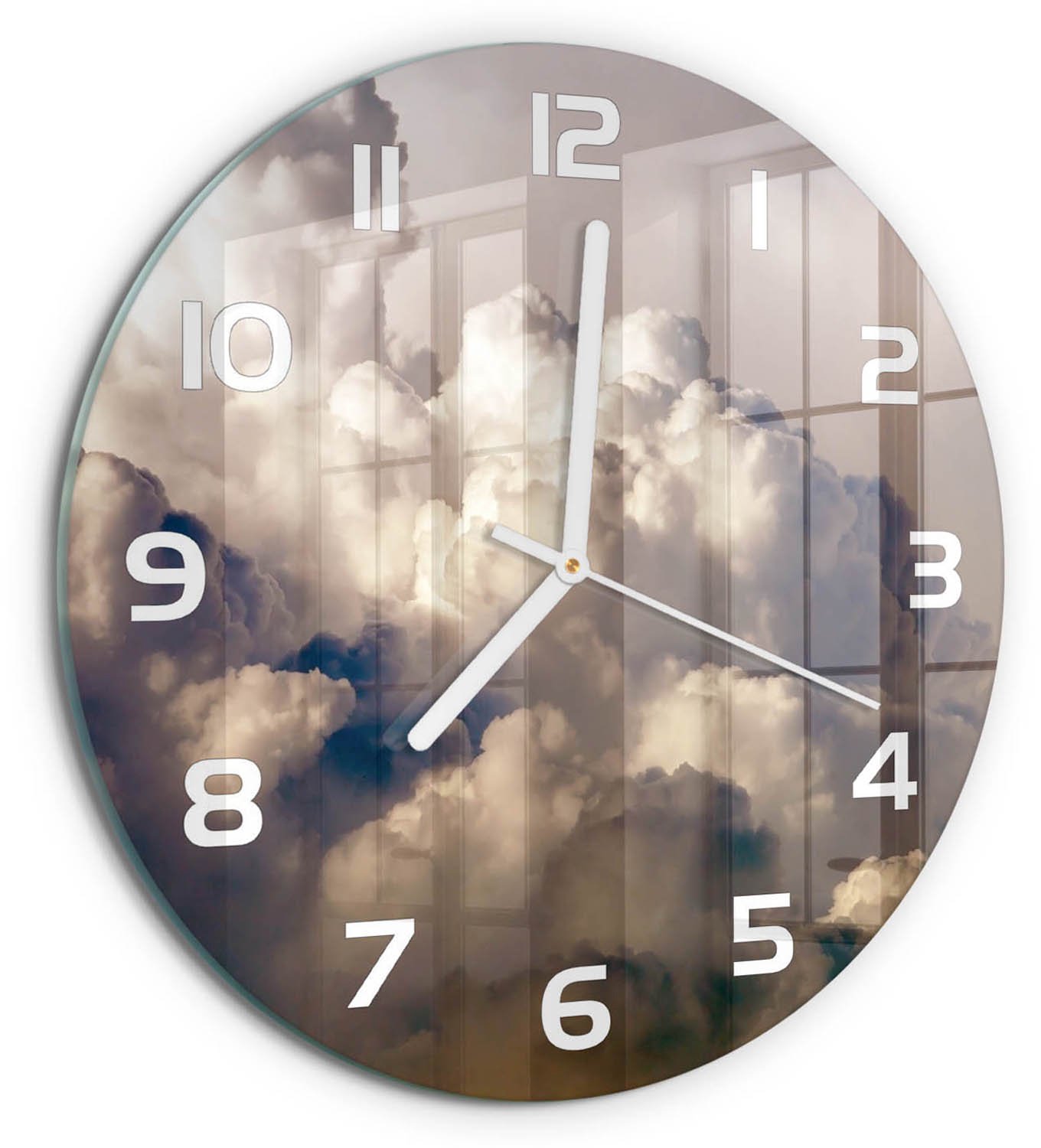 TULUP Wandklok - Wolken aan de hemel Wandklok Glas Met Motief - fi30 cm - Wit Decoratieve Glazen Klok - Witte handen - Ronde Klok - Gekleurde Glazen Klok - Glazen Klok Met Print