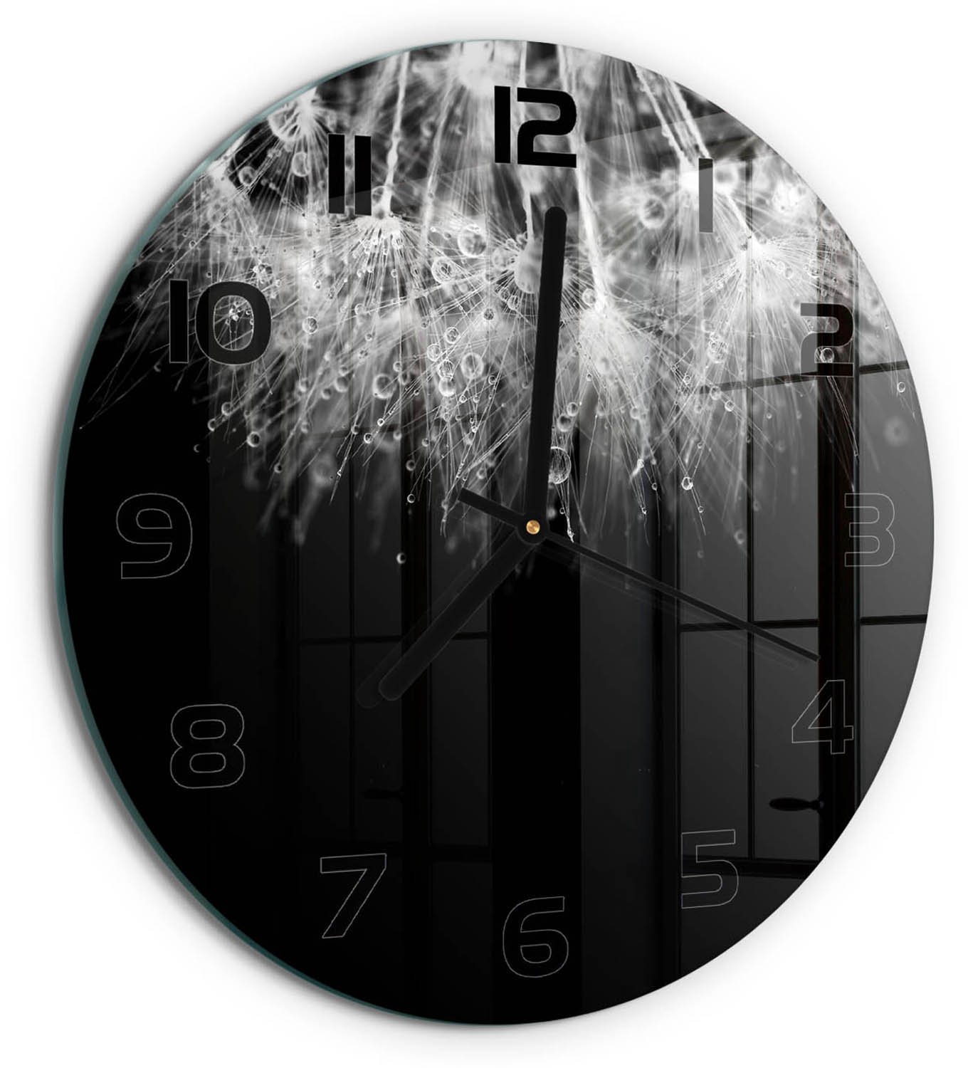 TULUP Wandklok - Paardenbloemzaden Klok Glas Met Opdruk - fi30 cm - Zwart-wit Moderne Wandklok Glas - Zwarte handen - Ronde Klok - Decoratieve Glazen Klok - Glazen Wandklok Design