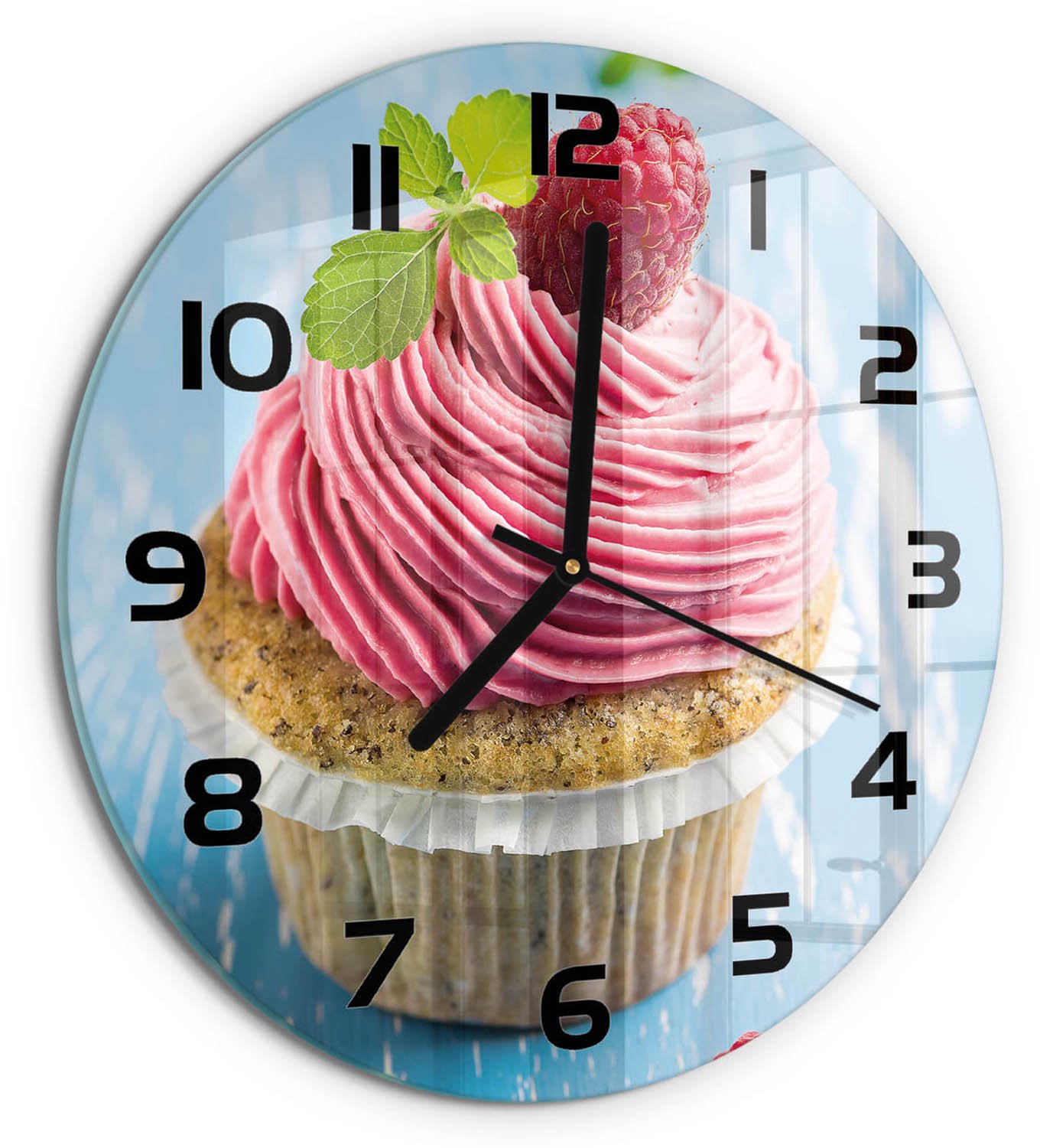 TULUP Wandklok - Frambozenmuffin Moderne Wandklok Glas - fi30 cm - Rood Wandklok Glas Decoratie - Zwarte handen - Ronde Klok - Glazen Wandklok Design - Klok Glas Met Opdruk