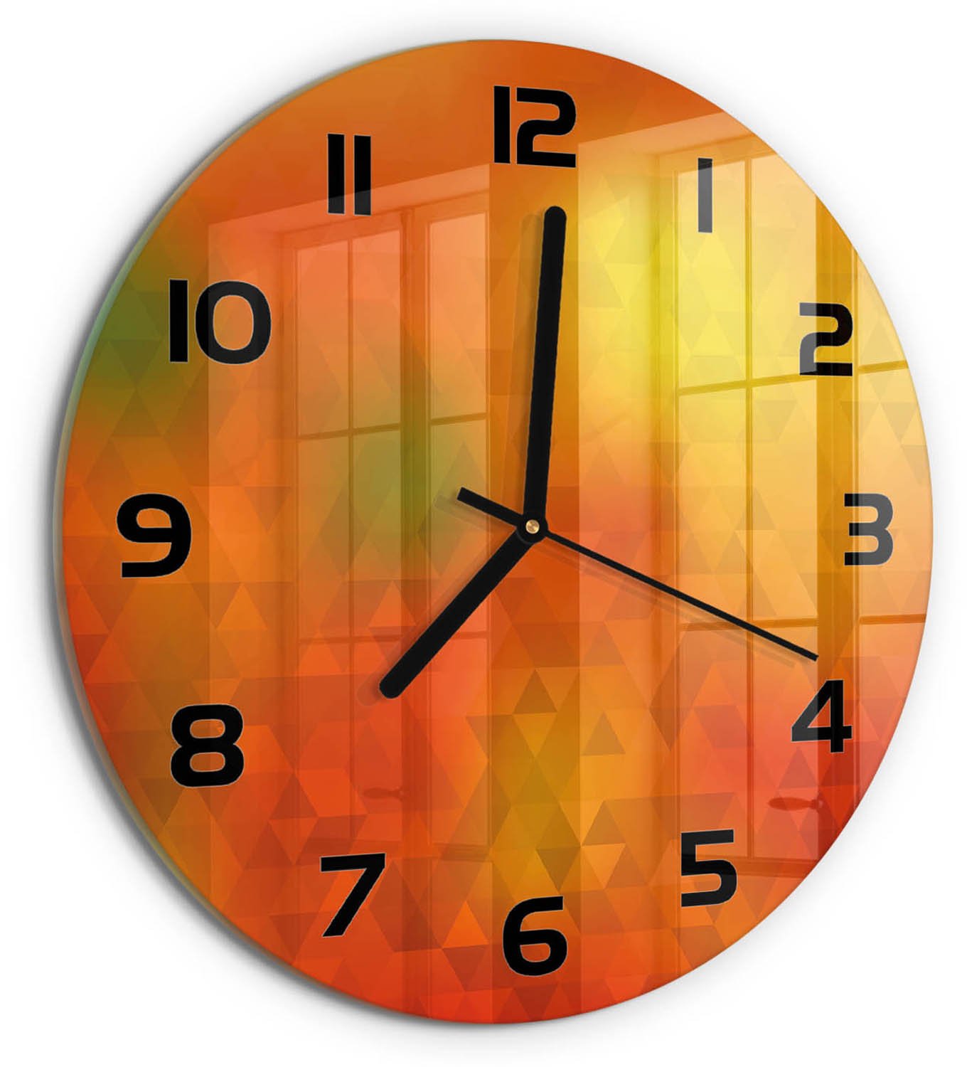 TULUP Wandklok - Driehoeken van abstractie Glazen Wandklok Design - fi30 cm - Oranje Klok Glas Met Opdruk - Zwarte handen - Ronde Klok - Wandklok Glas Met Motief - Decoratieve Glazen Klok
