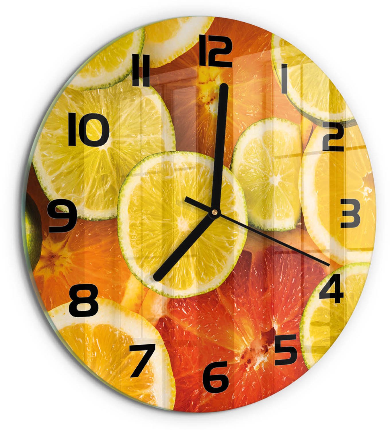 TULUP Wandklok - Citrusvruchten Gekleurde Glazen Klok - fi30 cm - Oranje Glazen Klok Met Print - Zwarte handen - Ronde Klok - Moderne Wandklok Glas - Wandklok Glas Decoratie