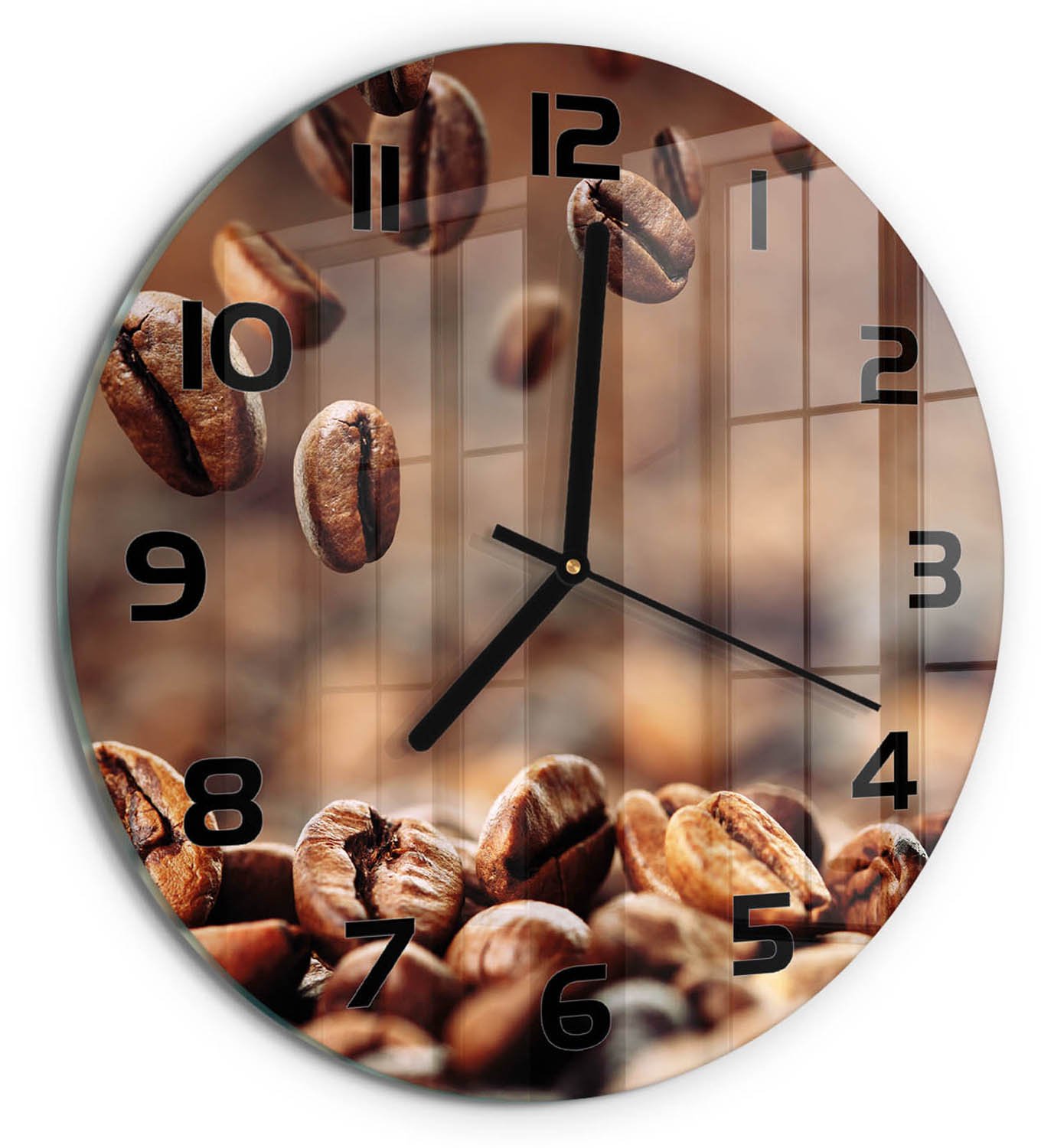 TULUP Wandklok - Koffiebonen Wandklok Glas Met Motief - fi30 cm - Bruin Decoratieve Glazen Klok - Zwarte handen - Ronde Klok - Gekleurde Glazen Klok - Glazen Klok Met Print