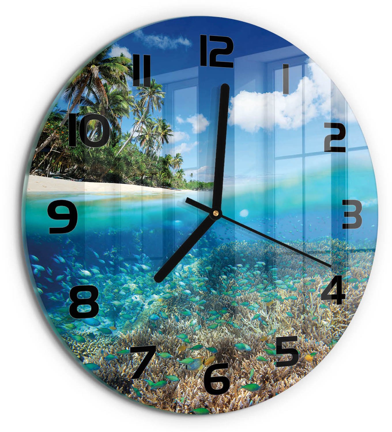 TULUP Wandklok - Koraalrif Wandklok Glas Met Motief - fi30 cm - Blauw Decoratieve Glazen Klok - Zwarte handen - Ronde Klok - Gekleurde Glazen Klok - Glazen Klok Met Print