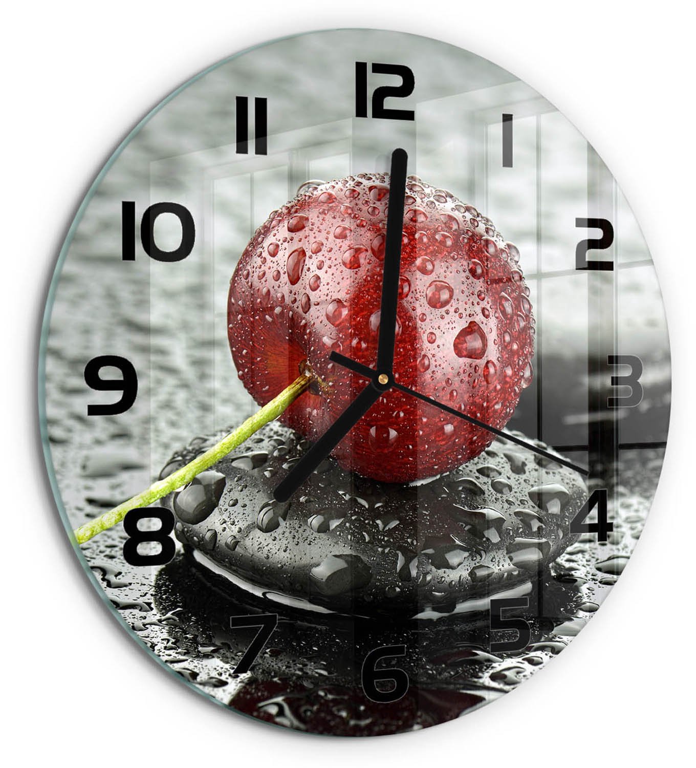 TULUP Wandklok - Kers in de regen Decoratieve Glazen Klok - fi30 cm - Rood Glazen Wandklok Design - Zwarte handen - Ronde Klok - Glazen Klok Met Print - Wandklok Glas Met Motief