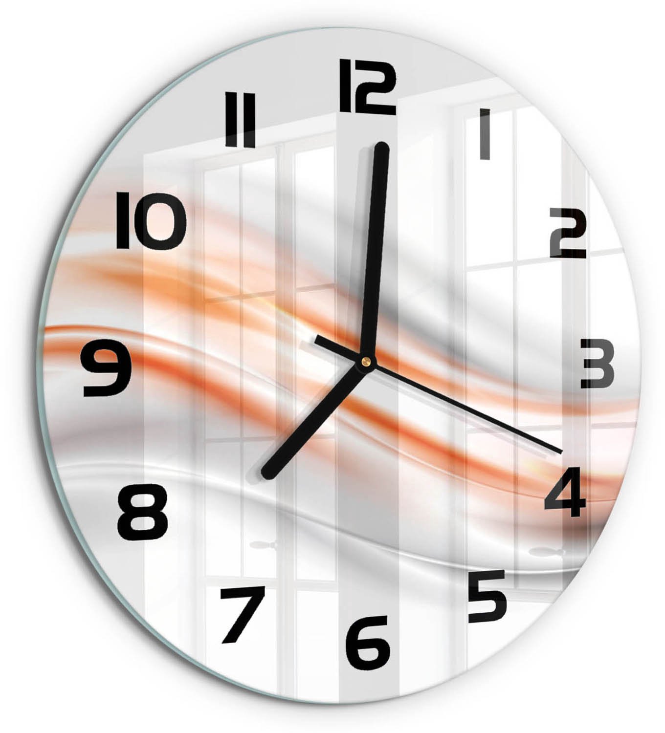 TULUP Wandklok - Golfabstractie Wandklok Glas Met Motief - fi30 cm - Oranje Decoratieve Glazen Klok - Zwarte handen - Ronde Klok - Gekleurde Glazen Klok - Glazen Klok Met Print