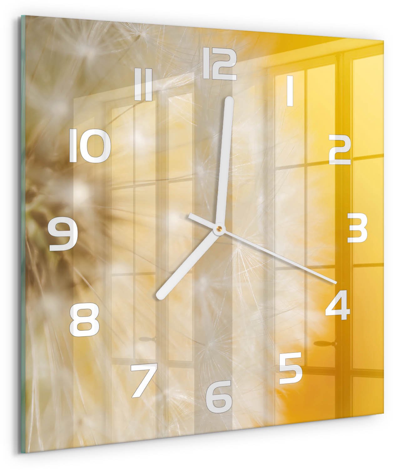 Tulup Wandklok - Paardebloem Wandklok Glas Decoratie - 30x30 cm - Geel Gekleurde Glazen Klok - Witte handen - Vierkante Klok - Klok Glas Met Opdruk - Moderne Wandklok Glas