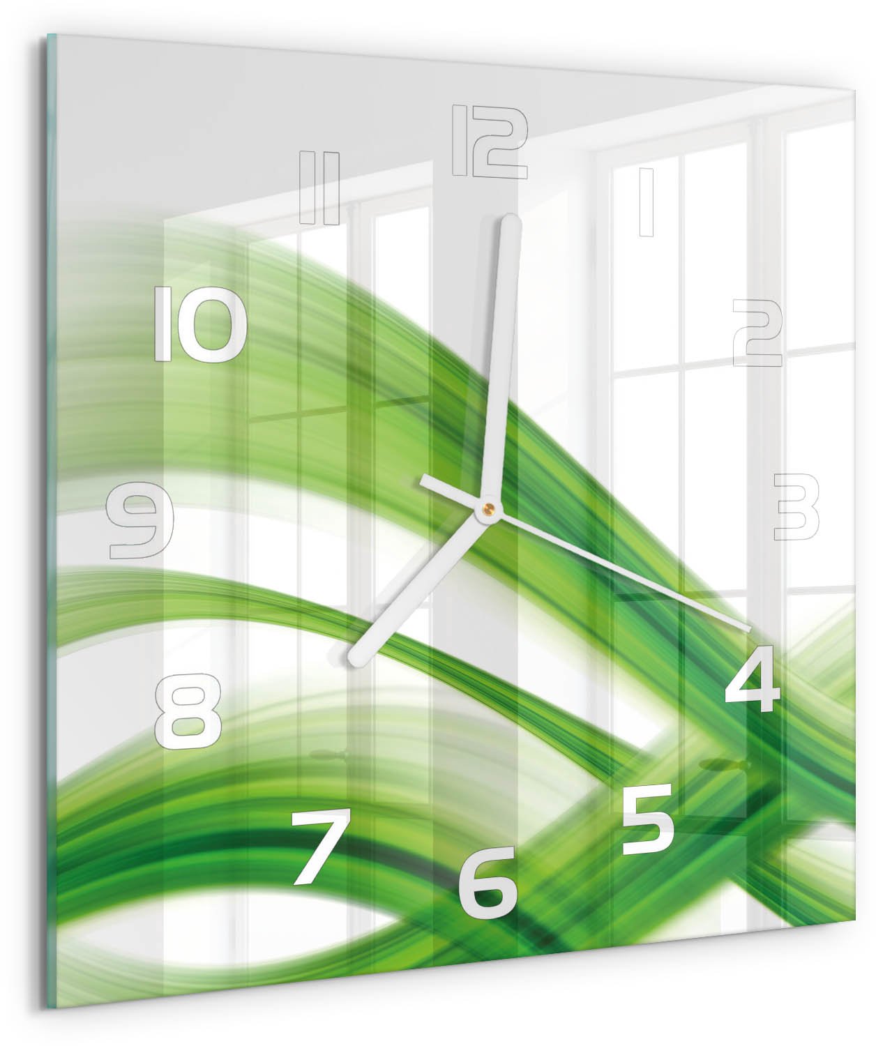 Tulup Wandklok - Golfabstractie Glazen Wandklok Design - 30x30 cm - Groente Klok Glas Met Opdruk - Witte handen - Vierkante Klok - Wandklok Glas Met Motief - Decoratieve Glazen Klok
