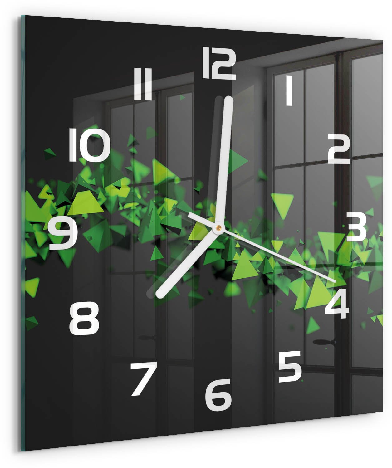 Tulup Wandklok - Geometrische golf Wandklok Glas Decoratie - 30x30 cm - Groente Gekleurde Glazen Klok - Witte handen - Vierkante Klok - Klok Glas Met Opdruk - Moderne Wandklok Glas