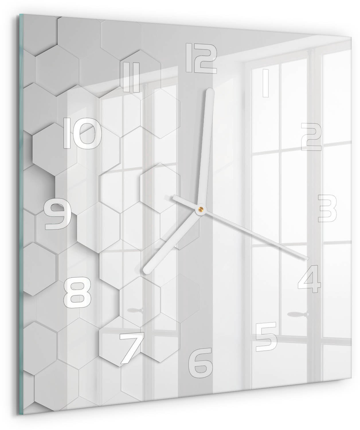 TULUP Wandklok - Zeshoekige achtergrond Glazen Wandklok Design - 30x30 cm - Wit Klok Glas Met Opdruk - Witte handen - Vierkante Klok - Wandklok Glas Met Motief - Decoratieve Glazen Klok