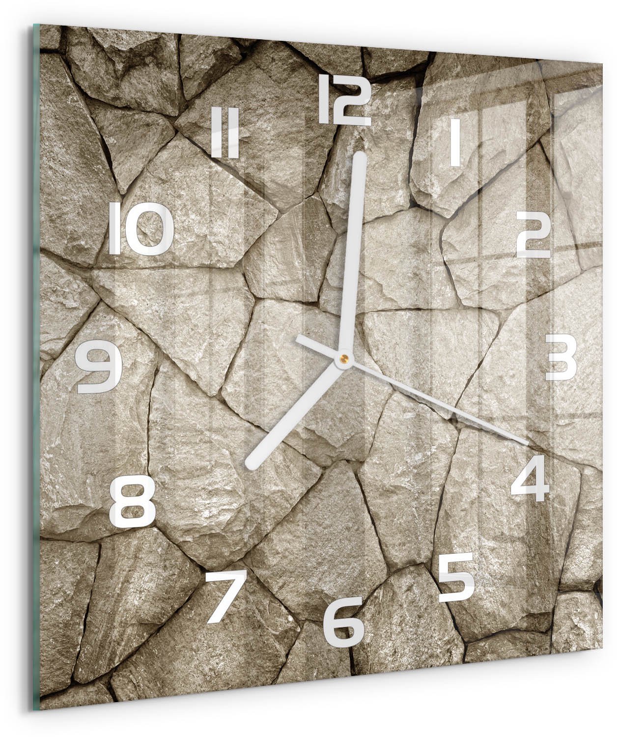 TULUP Wandklok - Stenen muur Decoratieve Glazen Klok - 30x30 cm - Beige Glazen Wandklok Design - Witte handen - Vierkante Klok - Glazen Klok Met Print - Wandklok Glas Met Motief