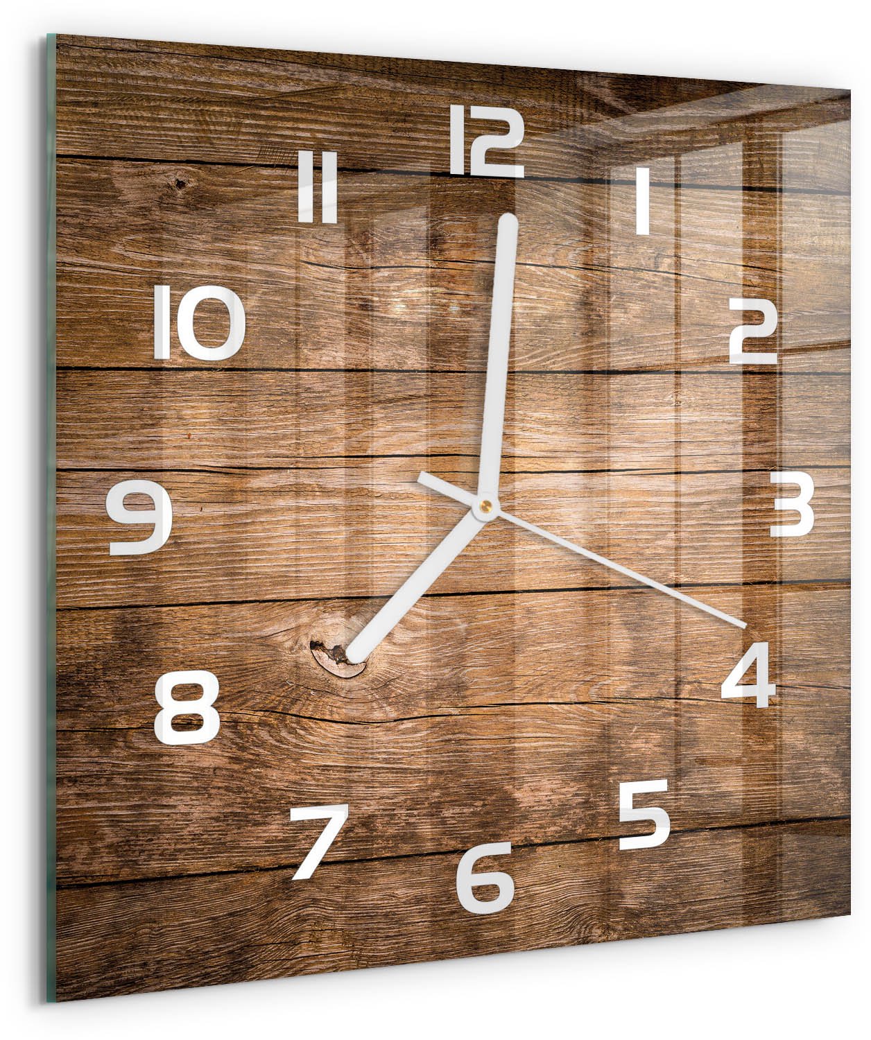 Tulup Wandklok - Houten achtergrond Klok Glas Met Opdruk - 30x30 cm - Bruin Moderne Wandklok Glas - Witte handen - Vierkante Klok - Decoratieve Glazen Klok - Glazen Wandklok Design