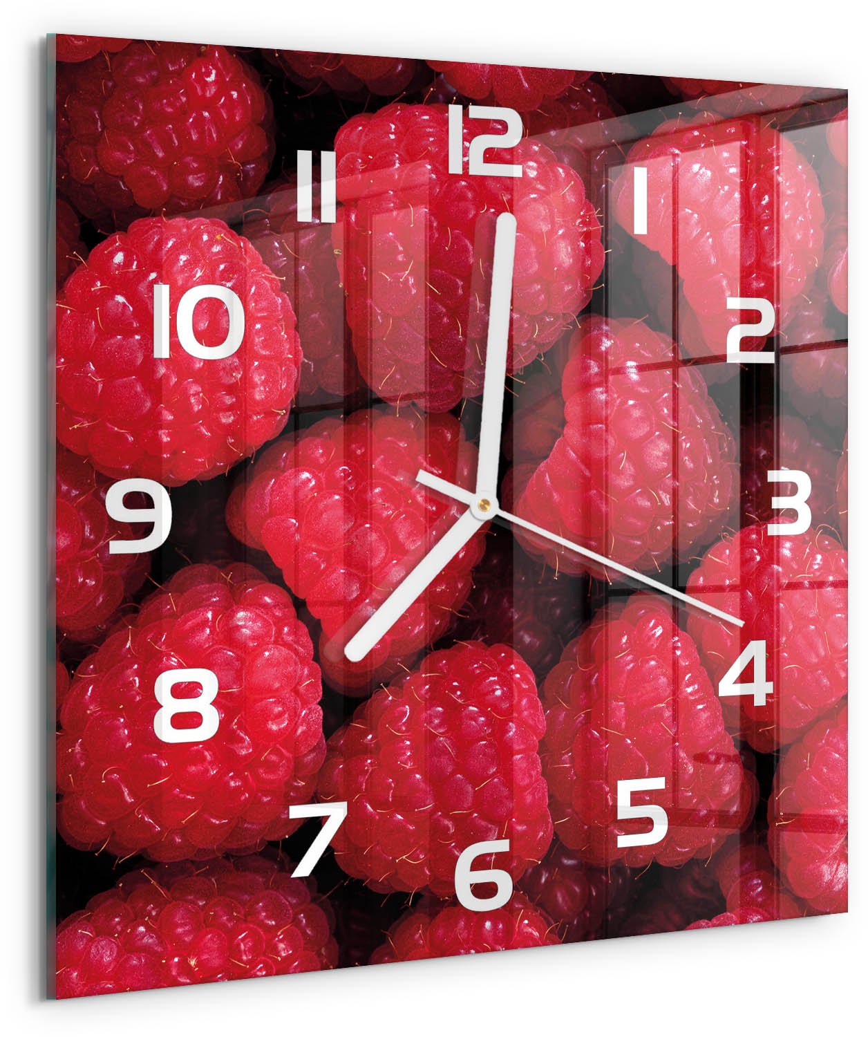 Tulup Wandklok - Frambozen Decoratieve Glazen Klok - 30x30 cm - Rood Glazen Wandklok Design - Witte handen - Vierkante Klok - Glazen Klok Met Print - Wandklok Glas Met Motief