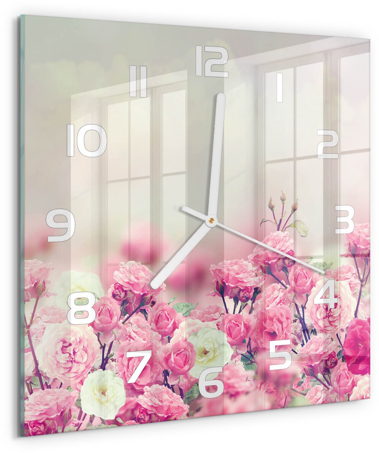 Tulup Wandklok - Wilde rozenbloemen Gekleurde Glazen Klok - 30x30 cm - Roze Glazen Klok Met Print - Witte handen - Vierkante Klok - Moderne Wandklok Glas - Wandklok Glas Decoratie