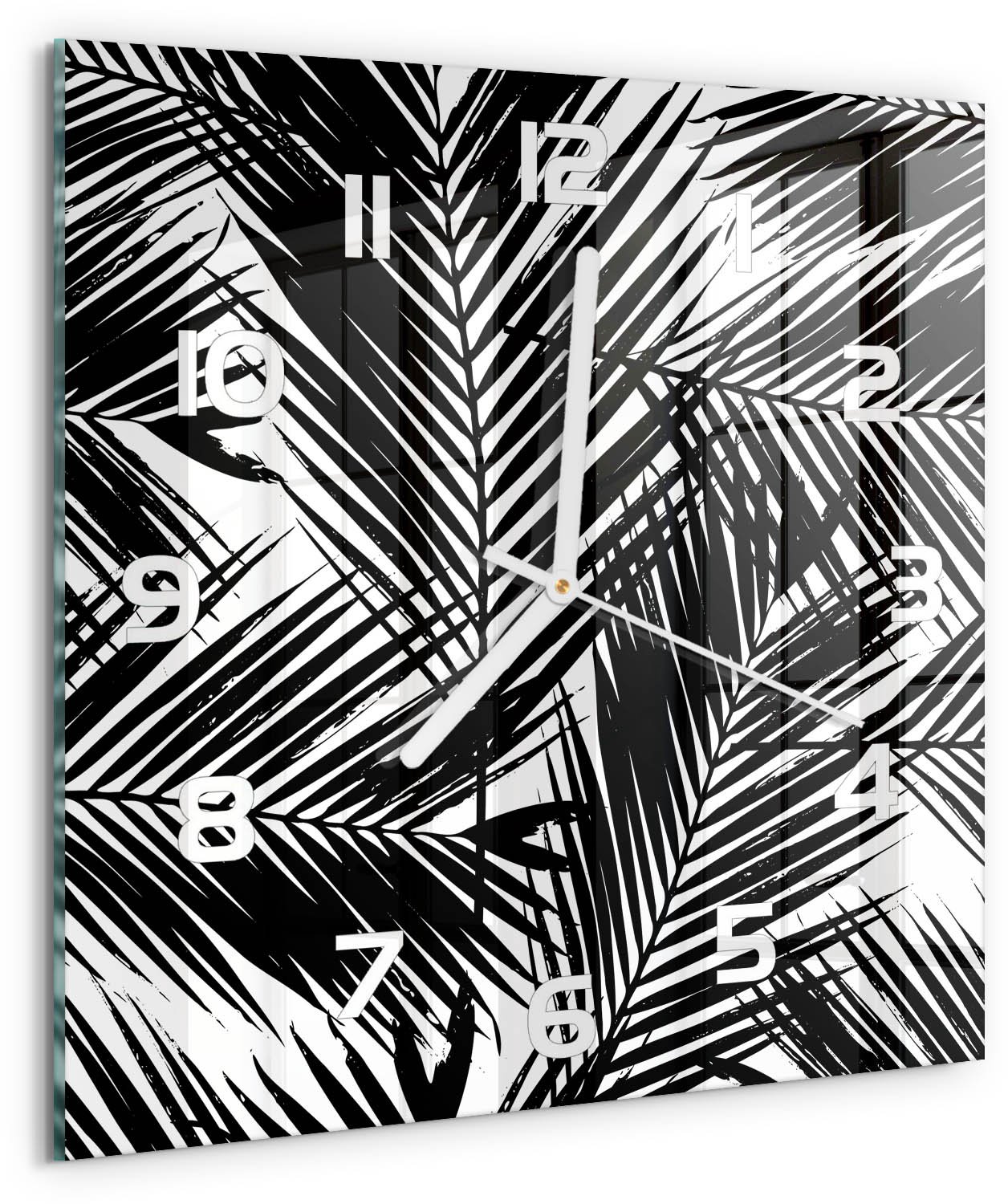 Tulup Wandklok - Palmbladeren Wandklok Glas Decoratie - 30x30 cm - Zwart-wit Gekleurde Glazen Klok - Witte handen - Vierkante Klok - Klok Glas Met Opdruk - Moderne Wandklok Glas