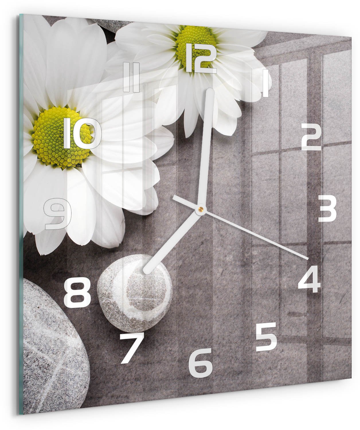 Tulup Wandklok - Gerbera bloem Wandklok Glas Met Motief - 30x30 cm - Wit Decoratieve Glazen Klok - Witte handen - Vierkante Klok - Gekleurde Glazen Klok - Glazen Klok Met Print