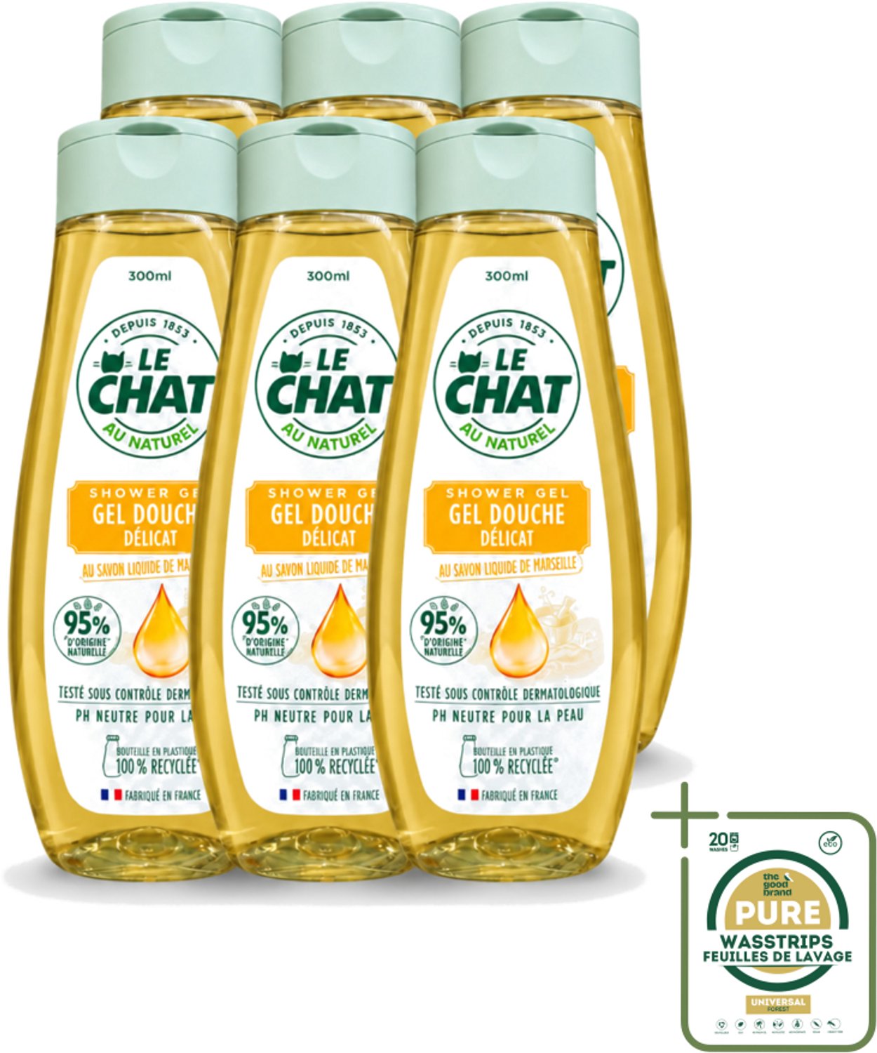 6 x Le Chat – Douchegel – Marseille – 300 ml - Wasstrips - Douchegel - Marseille - Huid Reinigen - Zachte Reiniging - Huid Verzorgen
