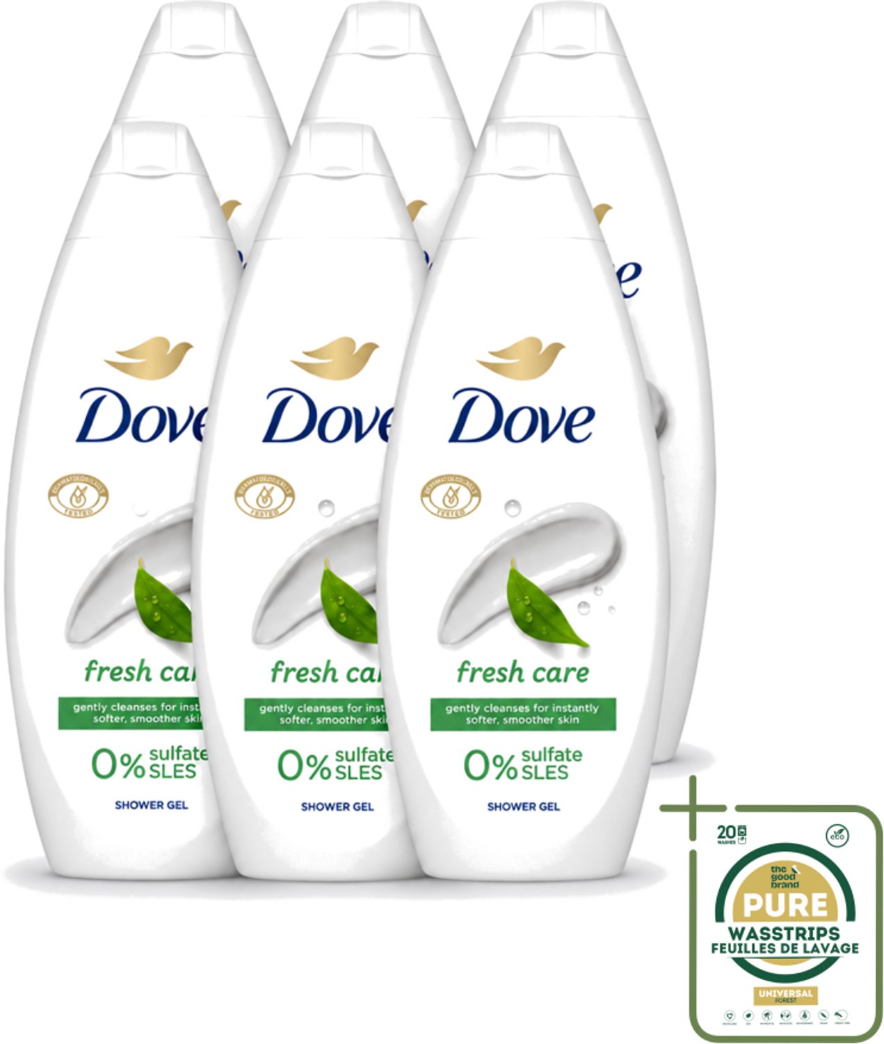 6 x Dove – Douchegel – Fresh Care – 250 ml - Wasstrips - Douchegel - Fris - Schone Huid - Huid Reinigen - Huid Hydrateren