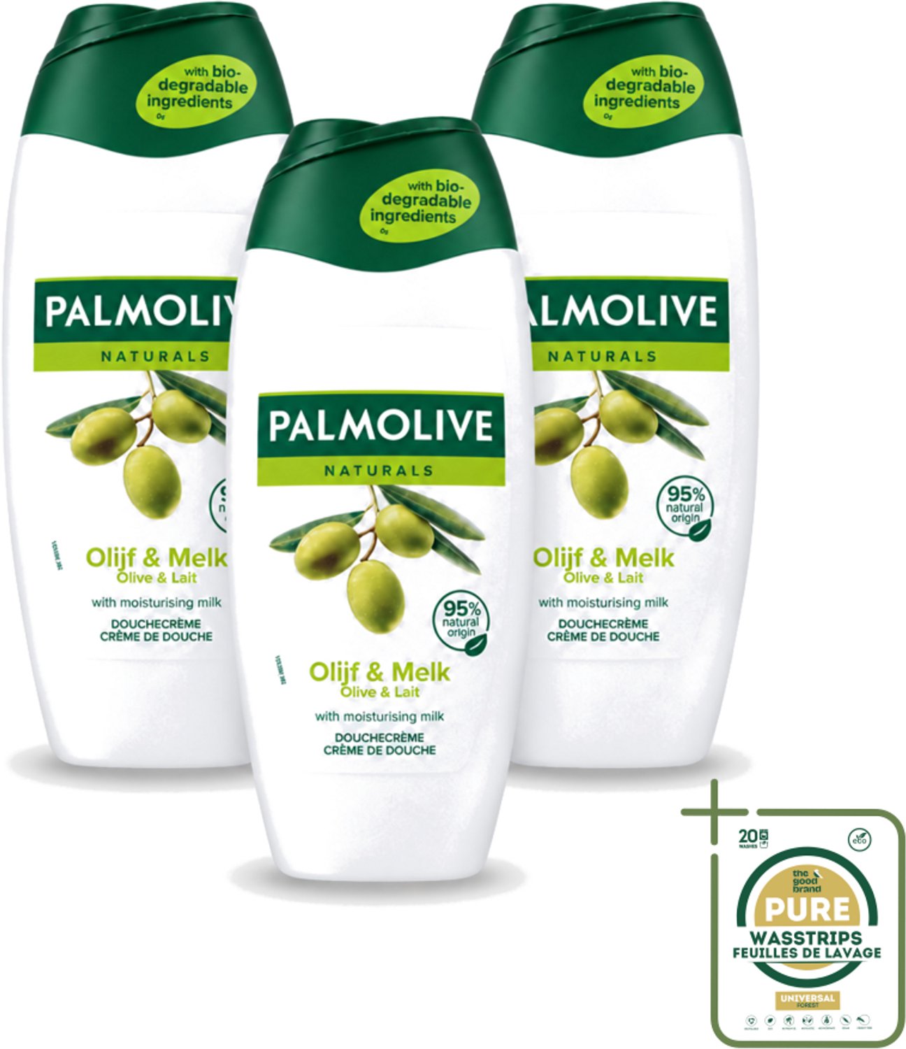 3 x Palmolive - Naturals - Douchecréme - Olijf & Melk - Natuurlijke ingrediënten - 250 ml - Wasstrips - Douchecrème - Olijf En Melk - Natuurlijke Ingrediënten - Hydratatie - Huid Verzorging