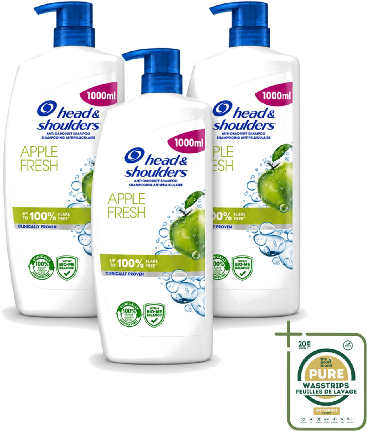 3 x Head & Shoulders - Anti-Roos Shampoo - Apple Fresh - Pompflacon - 1000 ml - Wasstrips - Roosvrij Haar - Anti-roos Shampoo - Hoofdhuid Verzorging - Appelgeur Shampoo - Microbiome Balans