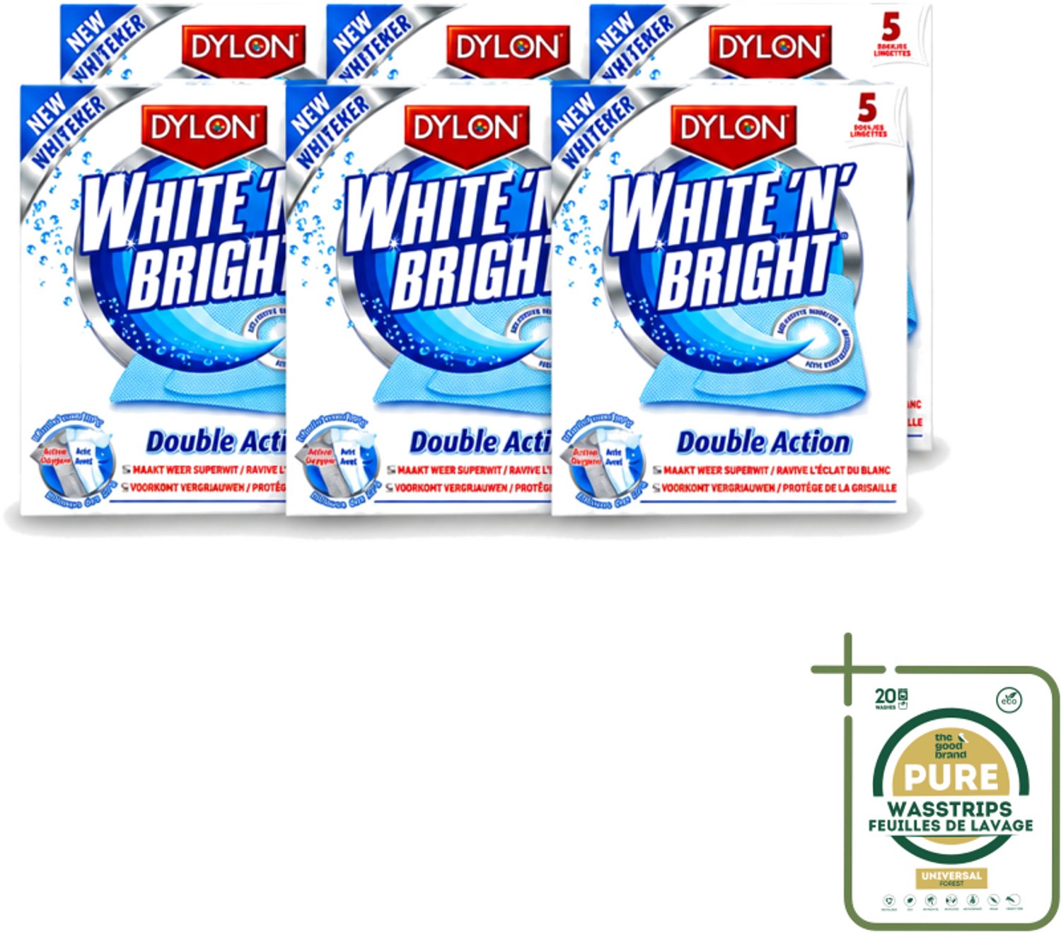 6 x Dylon - Vlekverwijderaar - White & Bright - Superwit & Vlekkeloos - 5 Doekjes - Wasstrips - Wit Maken Kleding - Vlekverwijderaar - Wit Textiel - Koffievlek - Theevlek