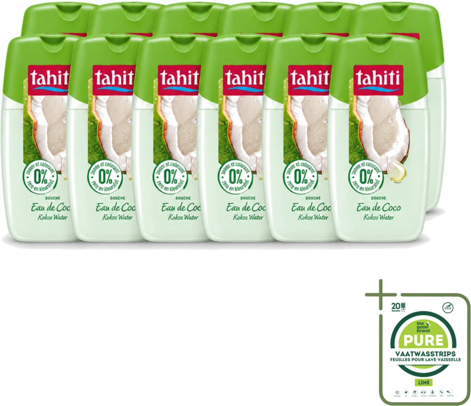 12 x Tahiti - Douchegel - Kokos Water - 0% Kleurstof - 250 ml - Grootverpakking - Vaatwasstrips - Douchegel Kokos Water - Kokos Water Douchegel - Hydraterende Douchegel - Zachte Huid - Huid Verzorging