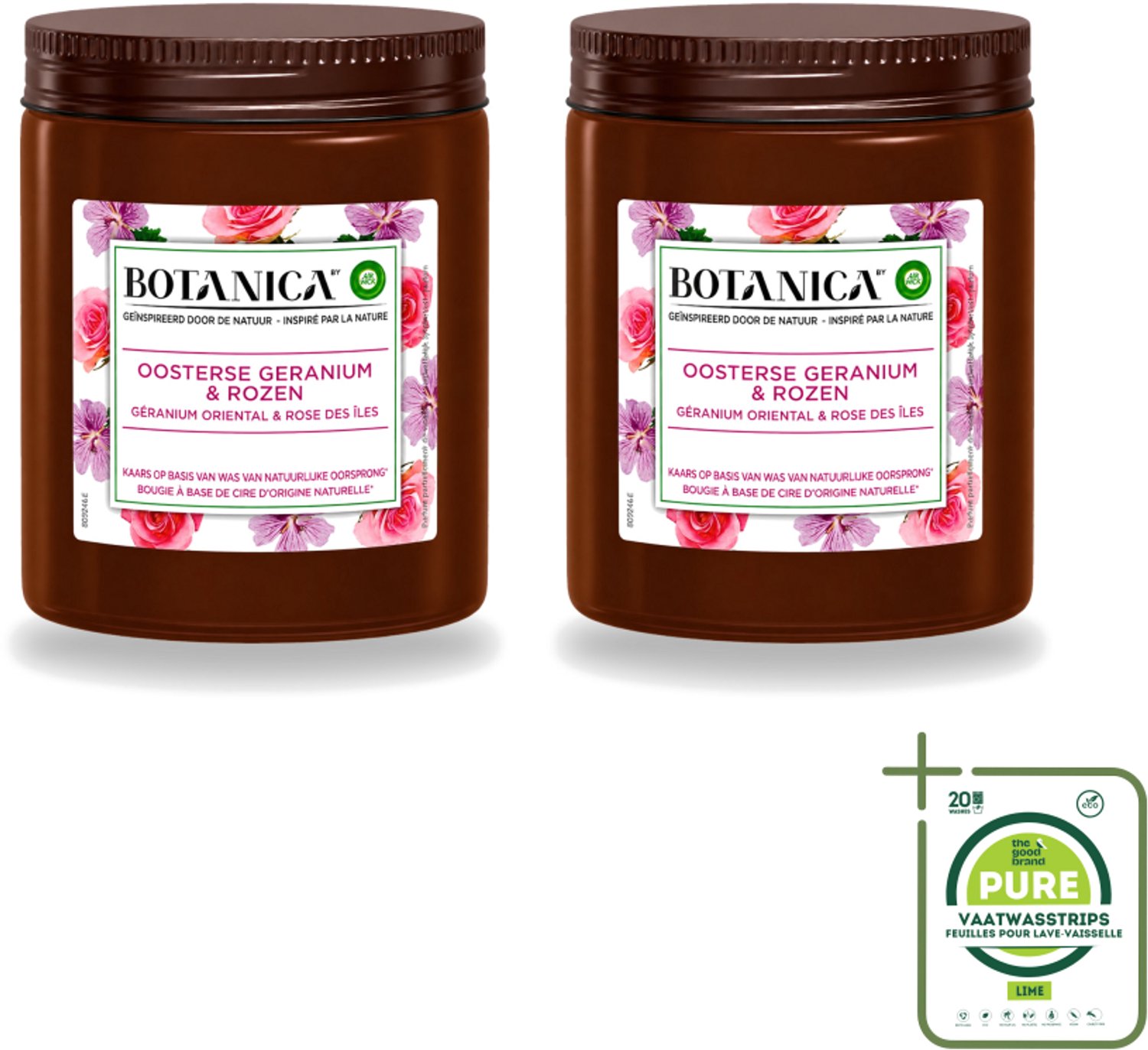 Air Wick 2 x Botanica by Air Wick - Geurkaars - Geranium & Rozen - 40 Uur Brandduur - Grootverpakking - Vaatwasstrips - Geurkaars - Geranium En Rozen - 40 Uur Branden - Natuurlijke Geur - Bloemige Geur Wit