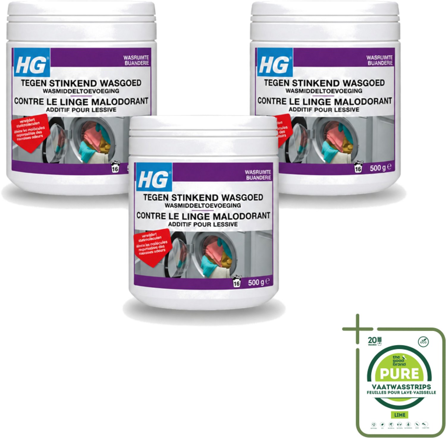 3 x HG - Wasruimte - Tegen Stinkend Wasgoed - Wasmiddeltoevoeging - 500 g - Grootverpakking - Vaatwasstrips - Wasmiddel Tegen Stank - Stinkend Wasgoed - Wasmiddel Toevoeging - Stankmoleculen Verwijderen - Fris Wasgoed