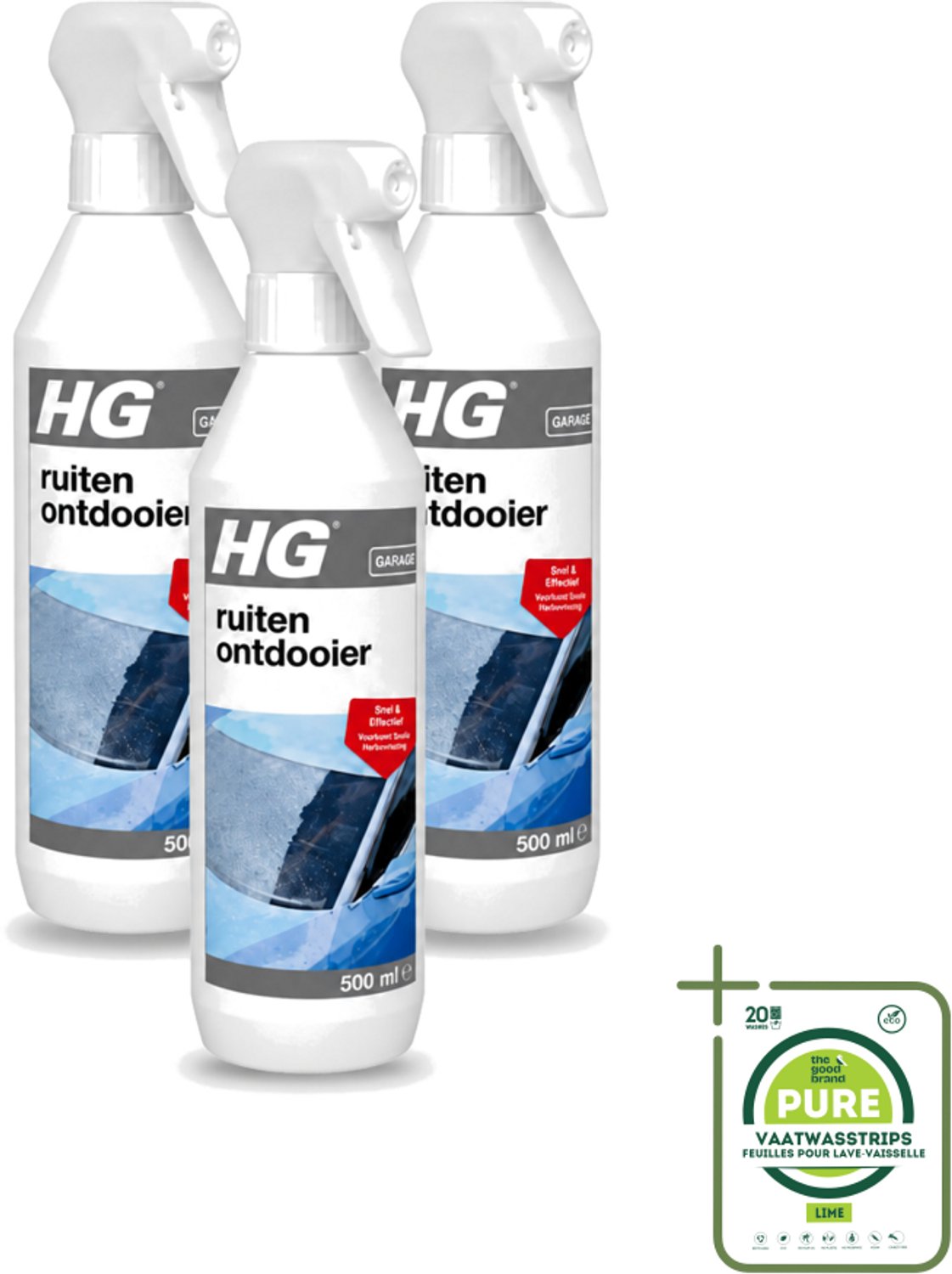 3 x HG - Ruitenontdooier Spray - Snel & Effectief - Voorkomt Snelle Herbevriezing - 500 ml - Grootverpakking - Vaatwasstrips - Ruitenontdooier - Sneeuw En Ijs Verwijderen - Bevroren Ruiten Verwijderen - Herbevriezing Voorkomen - Auto Ruiten Ontdooien
