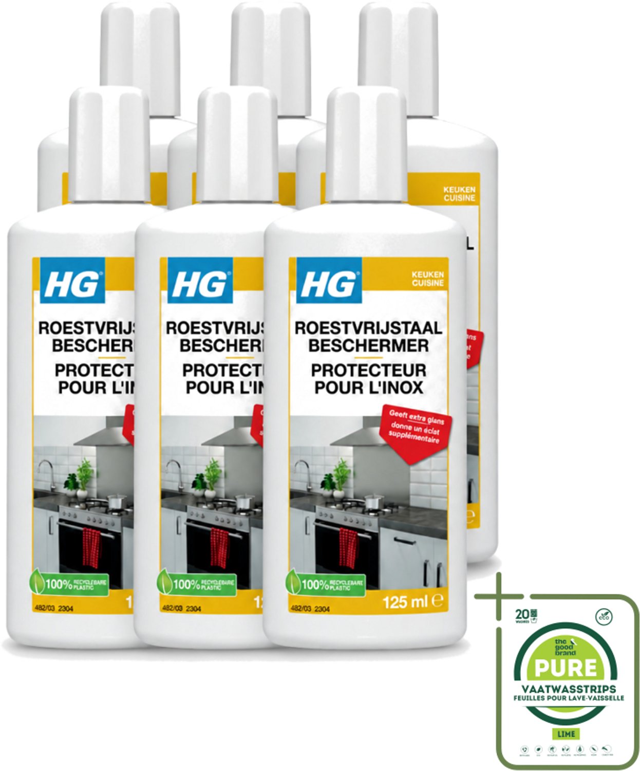 6 x HG - Roestvrijstaal Beschermer - Geeft Extra Glans - 125 ml - Grootverpakking - Roestvrijstaal Reiniger - Roestvrijstaal Beschermer - Keuken Reiniger - Glans Geven - Vlekken Verwijderen