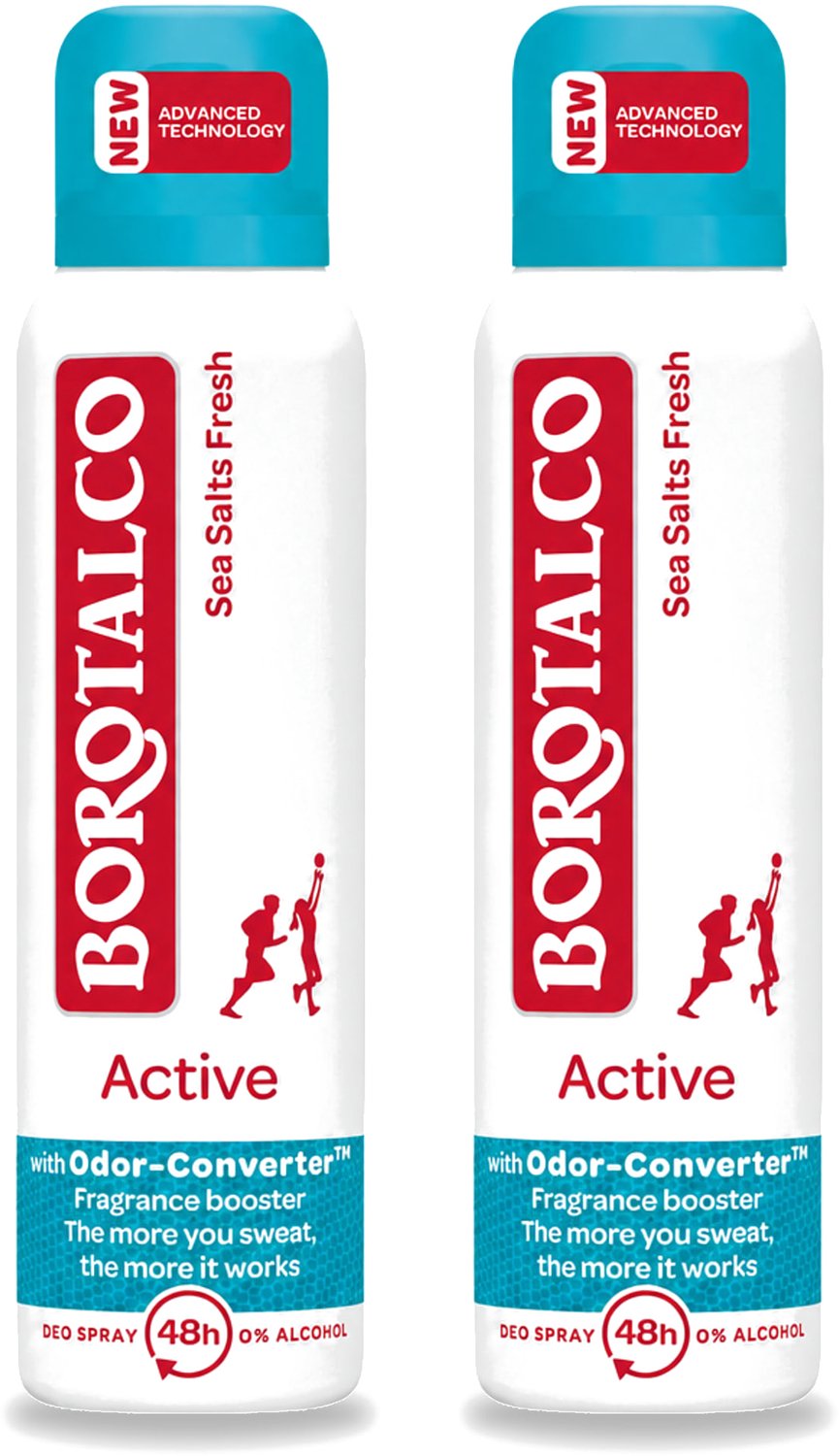 2 x Borotalco - Deodorant Spray - Active - Sea Salts Fresh - 0% Alcohol - 150 ml - Voordeelverpakking - 2 stuks
