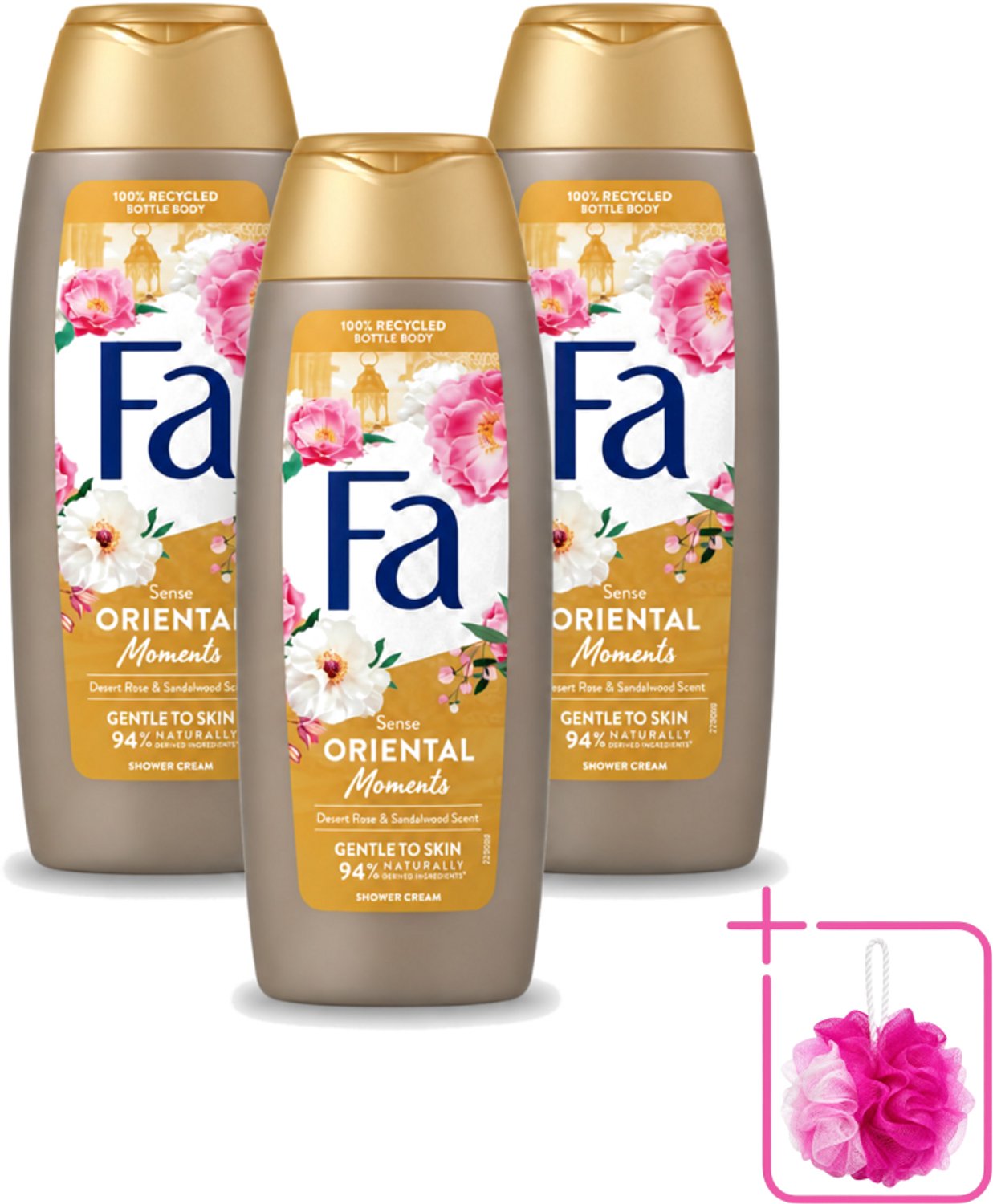 3 x Fa - Oriental Moments - Douchecrème - Woestijnroos & Sandelhout - 250 ml - Bulkverpakking - Douchecrème - Douchemop - Woestijnroos