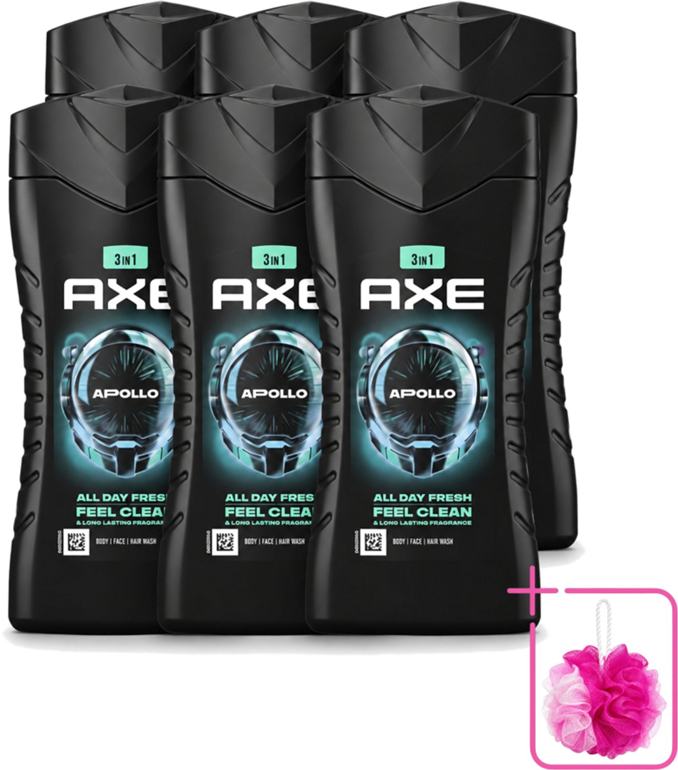 6 x Axe - 3-in-1 Douchegel - Apollo - Sage & Cedarwoord - 12hrs Long Lasting Scent - 250 ml - Bulkverpakking - Douchegel lichaam gezicht haar - Douchemop - Geur salie cederhout