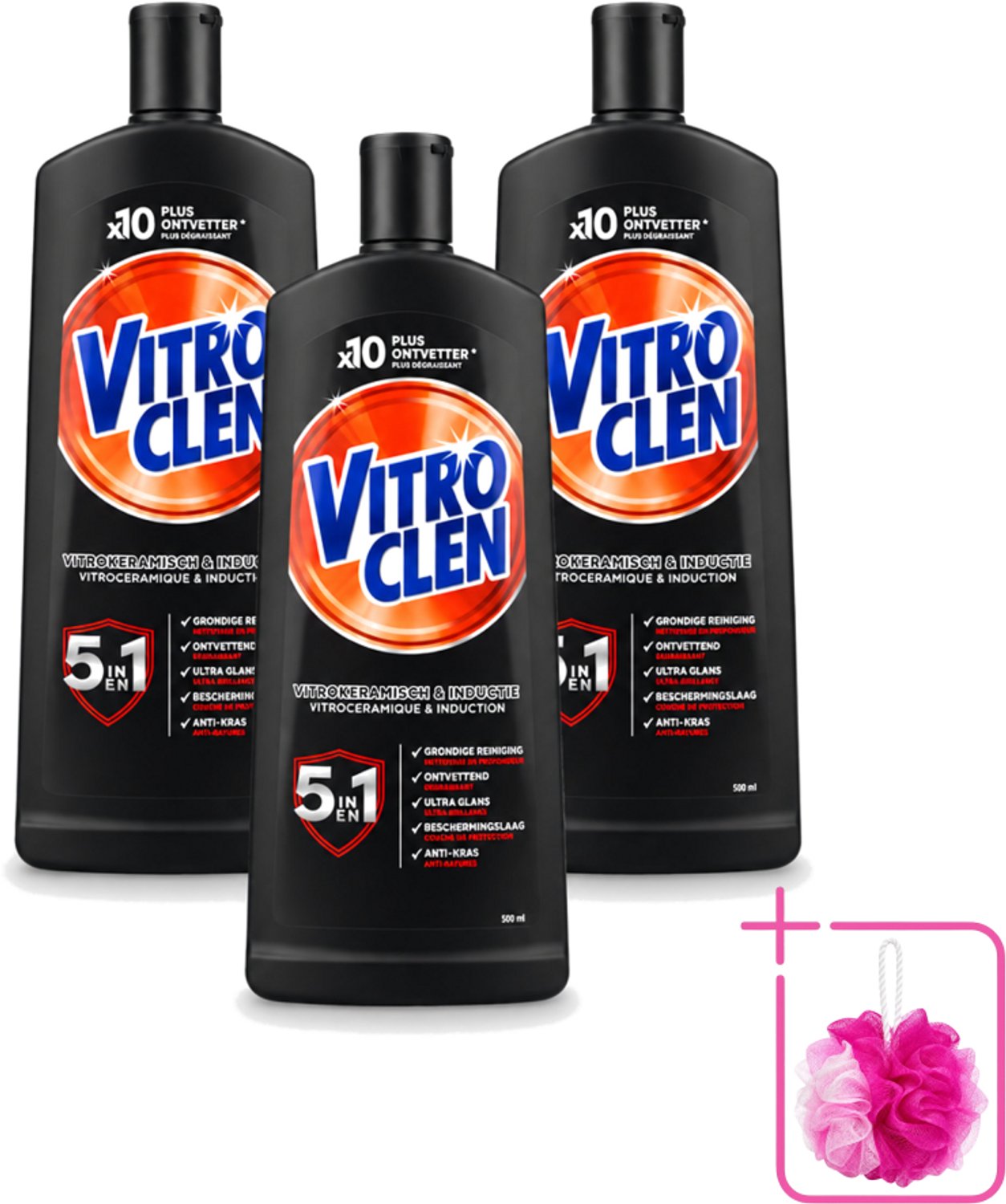 3 x Vitroclen - Kookplaatreiniger - Keramisch & Inductie - 5 in 1 - 500 ml - Bulkverpakking - Keramische kookplaat reinigen - Douchemop - Inductiekookplaat reinigen