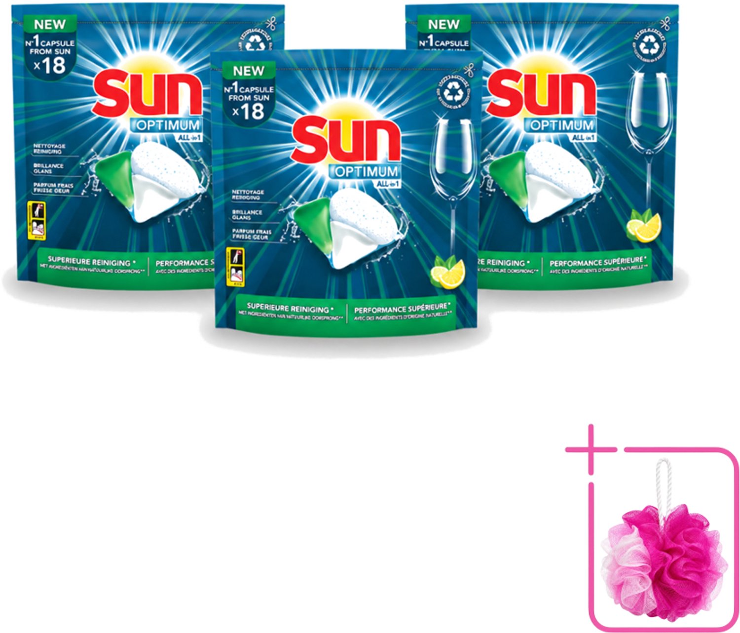 3 x Sun Optimum - All-in-1 - Vaatwasmiddel - Capsules - Citroen - 18 Capsules - Bulkverpakking - Vaatwasmiddel - Douchemop - Vaatwascapsules