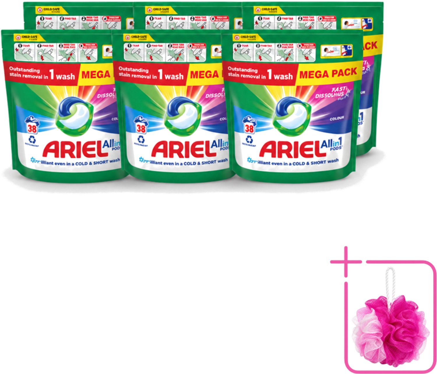 6 x Ariel – Pods All-in-1 – Color – 38 wasbeurten - Bulkverpakking - Kleurbehoud wasmiddel - Douchemop - Gekleurde was