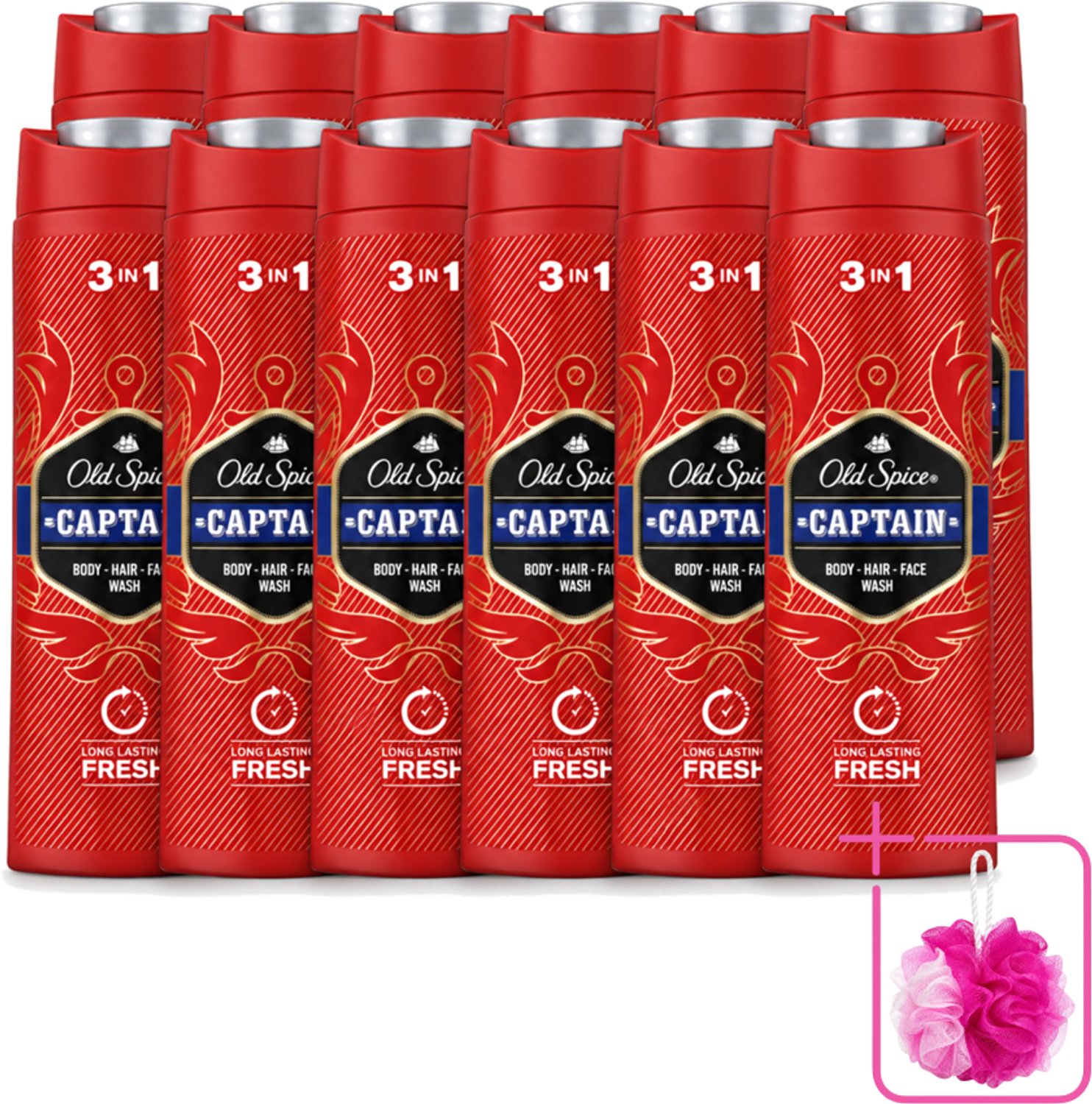 12 x Old Spice – Douchegel – Captain – 400 ml - Bulkverpakking - Douchegel voor mannen - Douchemop - Gezichtsreiniging