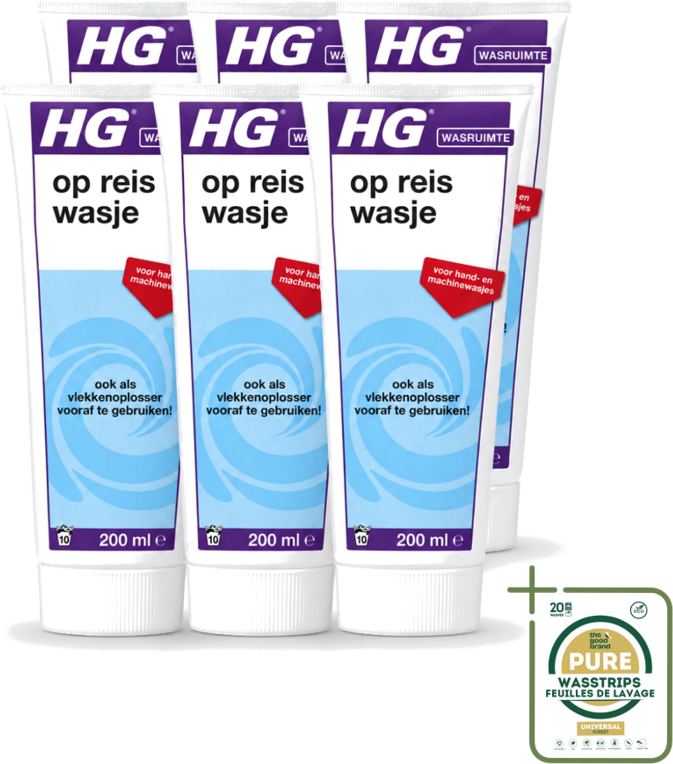 6 x HG - Wasruimte - Op-Reis-Wasje - Voor Hand & Machine Wasjes - 200 ml - Wasstrips - Op Reis Wasmiddel - Wasmiddel Voor Reizen - Wasmiddel Met Wasverzachter - Wasmiddel Voor Vlekken - Handwas