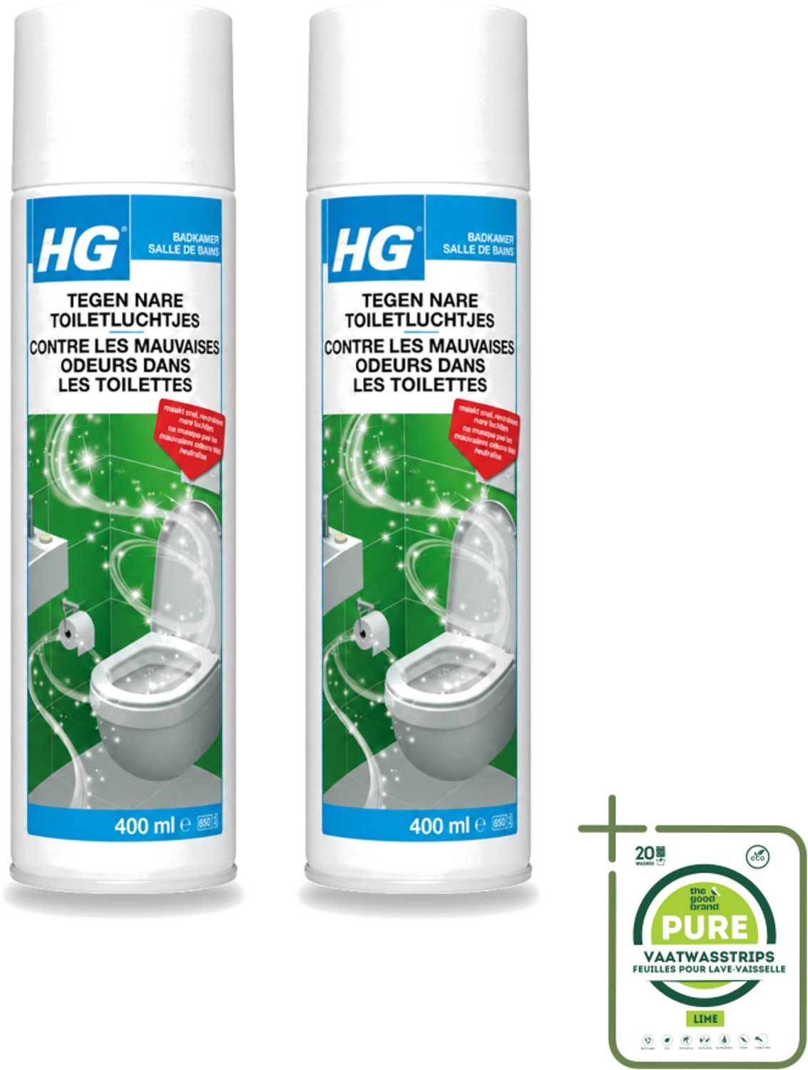 2 x HG - Tegen Nare Toiletluchtjes - Neutraliseert Alle Luchtjes - Natuurlijk Zuiveringsproces - 400 ml - Grootverpakking - Vaatwasstrips - Toiletlucht Neutraliseren - Nare Geur Weg - Lucht Reinigen - Geur Neutraliseren - Badkamer Geur