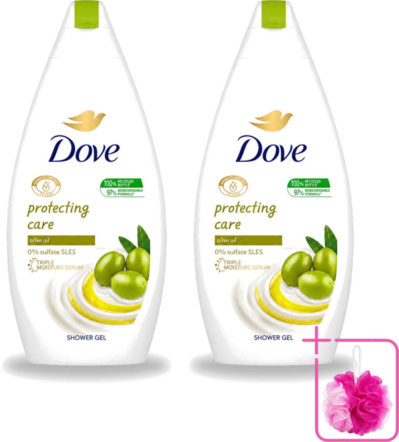 2 x Dove Protecting Care - Douchegel - Olijfolie - Sulfaatvrij - 450 ml - Bulkverpakking - Douchegel - Douchemop - Olijfolie