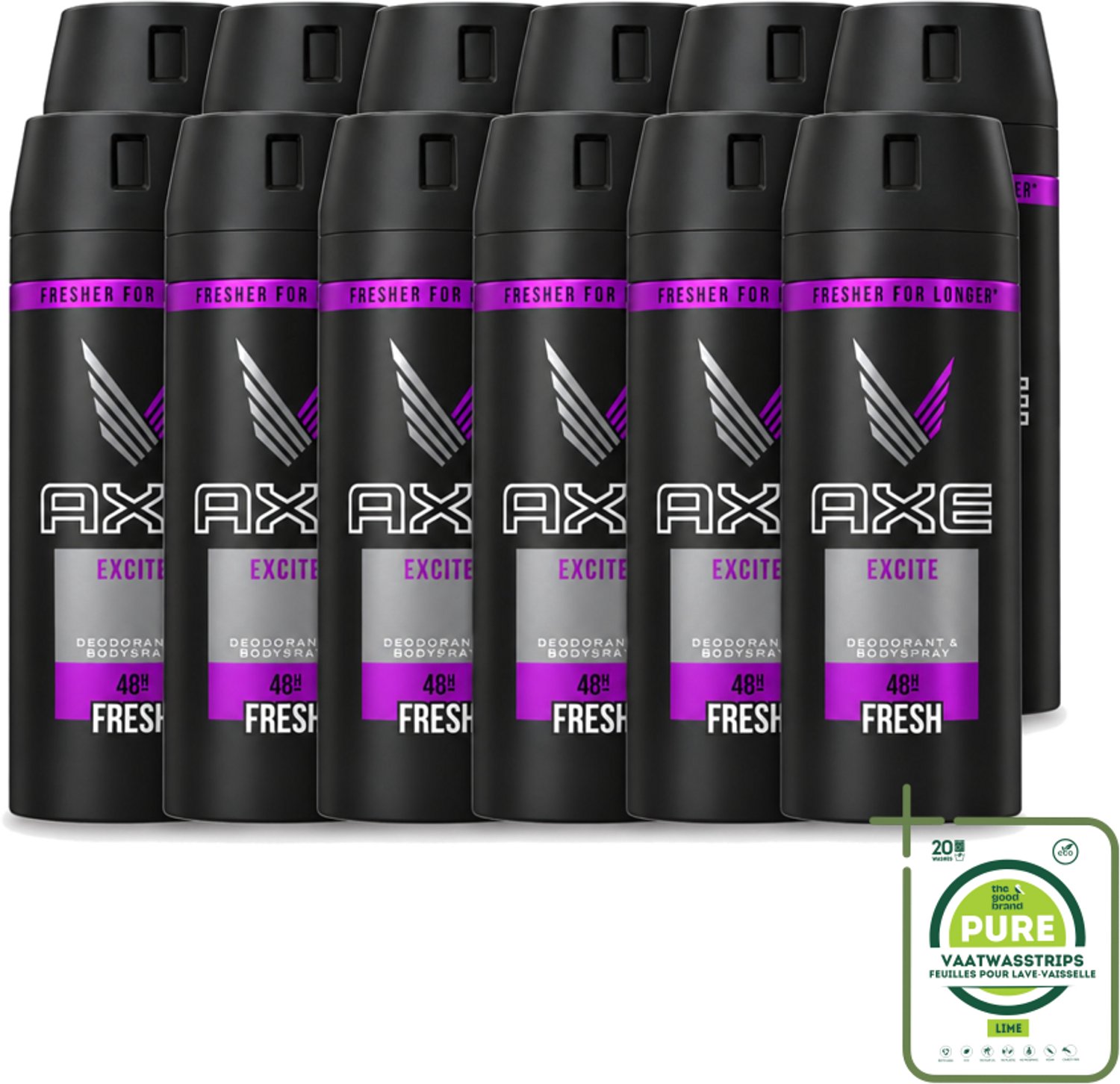 12 x Axe - Deodorant Bodyspray - 48hrs Fresh - Excite - 150 ml - Grootverpakking - Vaatwasstrips - 48 Uur Fris - Deodorant Spray - Kokosnoot Geur - Zwarte Peper Geur - Frisheid