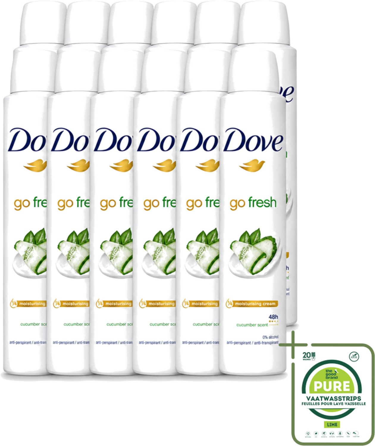 12 x Dove Go Fresh - Deospray - Groene Thee & Komkommer - 200 ml - Grootverpakking - Vaatwasstrips - Dove Go Fresh Deospray Groene Thee & Komkommer - Frisheid - Transpiratie Bescherming - Geur - Oksel Crème