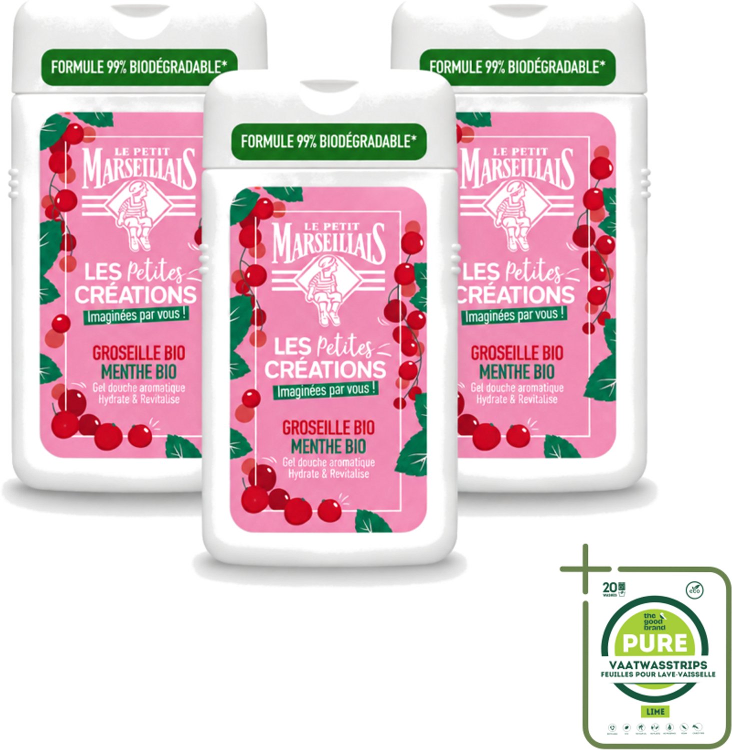 3 x Le Petit Marseillais - Douchegel - Rode bessen & Munt - Hydraterend - 250ml - Grootverpakking - Vaatwasstrips - Douchegel - Hydraterende Douchegel - Rode Bessen - Munt - Biologische Douchegel