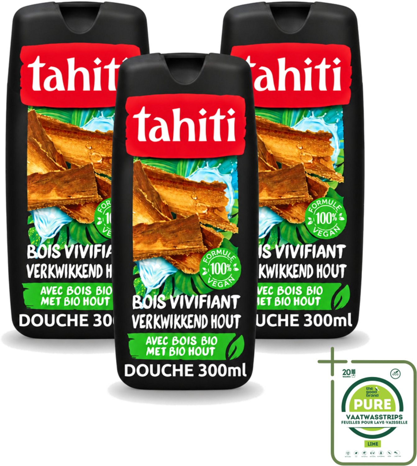 3 x Tahiti - Douchegel - Verkwikkend Bio Hout - 100% Vegan - 300 ml - Grootverpakking - Vaatwasstrips - Douchegel - Houtgeur - Verkwikkend - Huid Verzorgen - Huid Verzachten