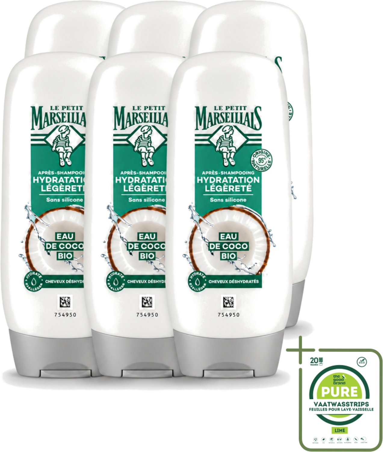 6 x Le Petit Marseillais – Conditioner – Eau de Coco Bio – 250 ml - Grootverpakking - Vaatwasstrips - Conditioner Kokoswater - Hydraatatie Haar - Verzorging Haar - Kokosgeur - Natuurlijke Verzorging
