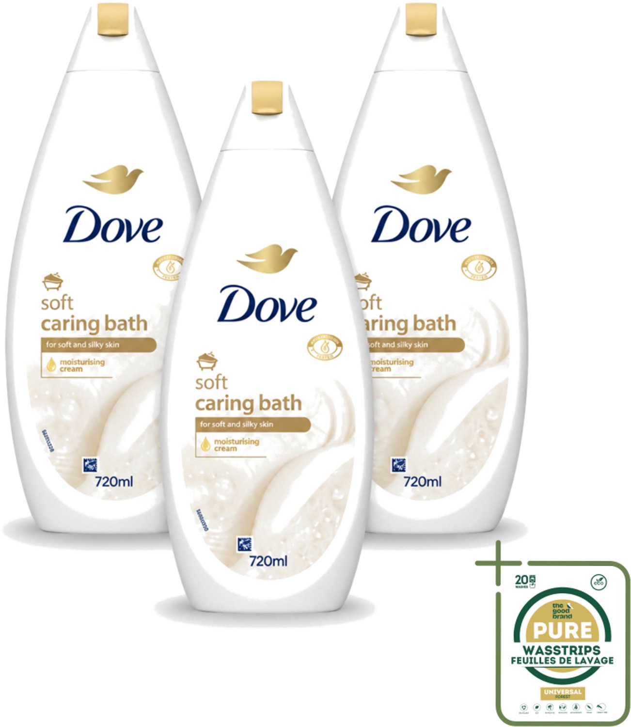 3 x Dove – Badcrème – Soft – 720 ml - Wasstrips - Douchegel - Zachte Reiniging - Zijdezachte Huid - Glycerine - Schuim