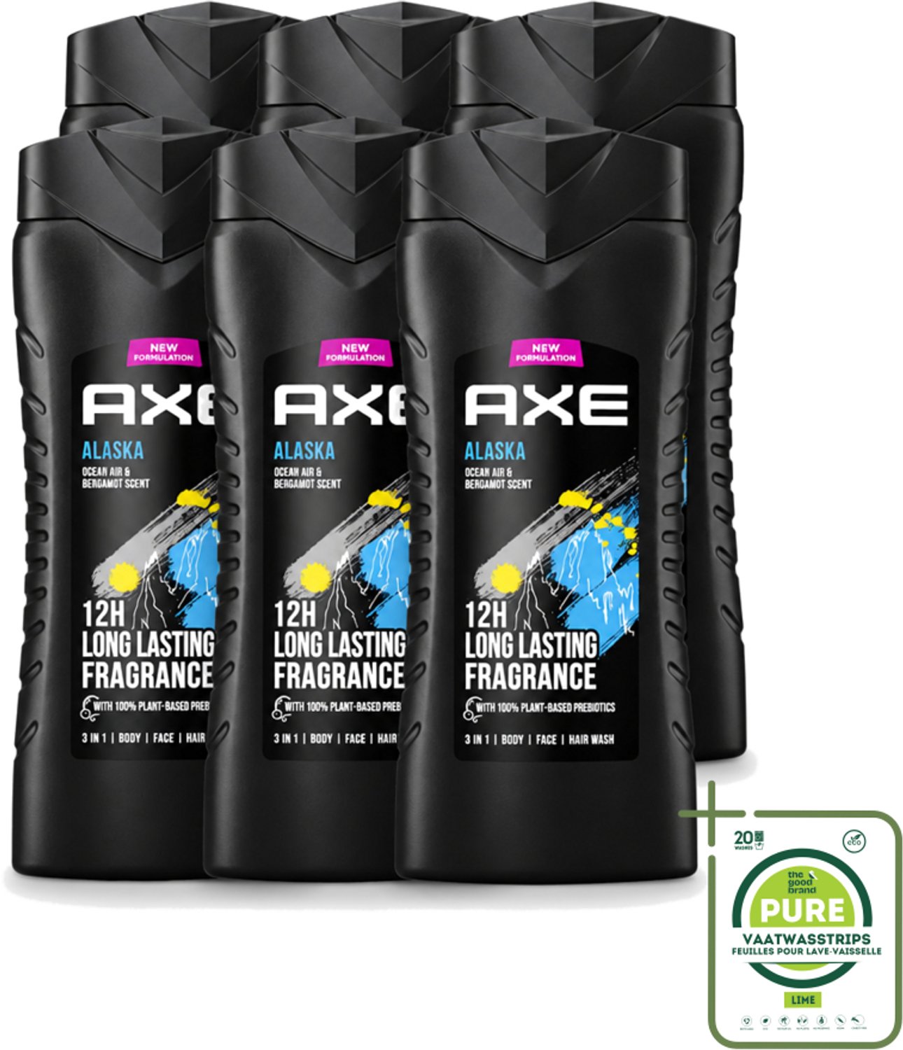 6 x Axe XL - 3-in-1 Douchegel - Alaska - Ocean Air & Bergamot - 12hrs Long Lasting Scent - 400 ml - Grootverpakking - Vaatwasstrips - Douchegel - Oceaanlucht - Bergamot - Frisheid - 3-in-1