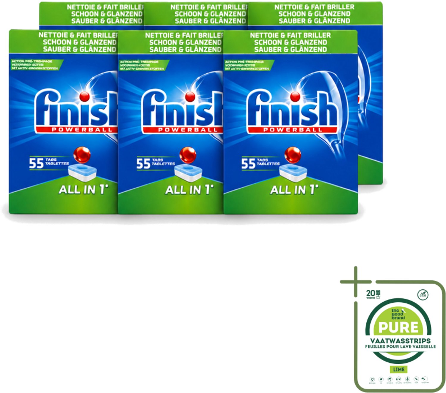 6 x Finish Powerball - All in 1 - Vaatwastabletten - Schoon & Glans - 55 Tabletten - Grootverpakking - Vaatwasstrips - Vaatwasmiddel - Vaatwastablet - Vaat Reinigen - Glans Behouden - Vaat Reinigen Zonder Voor Spoelen